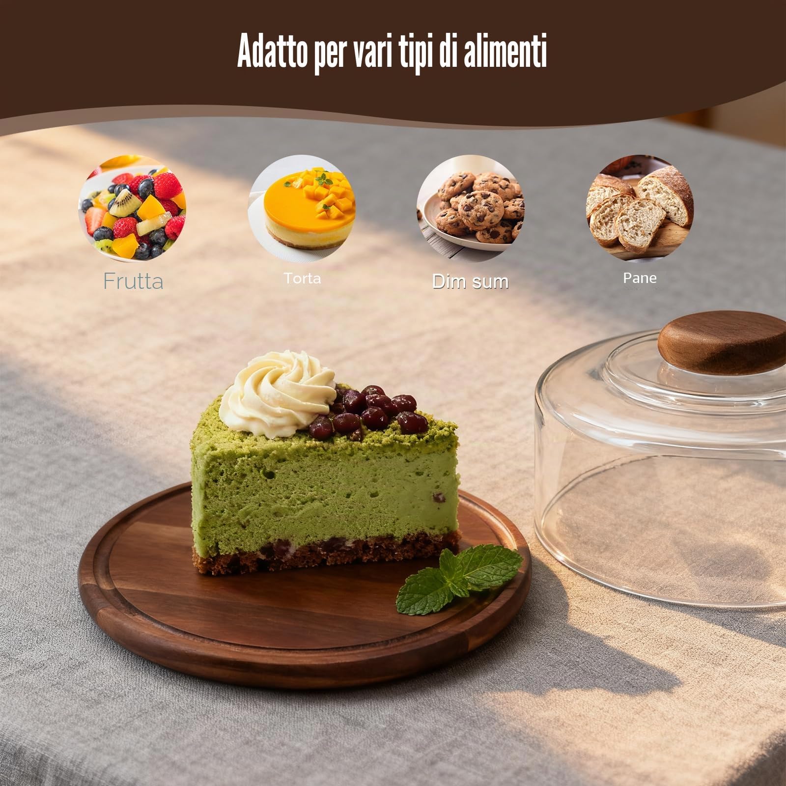 Piatto per torta con coperchio, campana in vetro con vassoio in legno, supporto per torta in legno con campana, piatto per torta con cappuccio