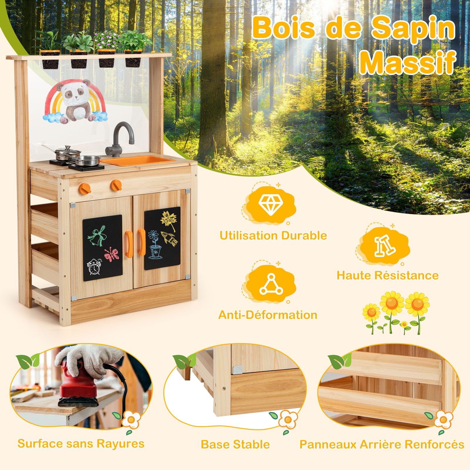 GOPLUS Cuisine d'Extérieur Evolutive en Bois de Sapin, avec Pots de Plantation, Plaques de Cuisson, Évier Amovible, Tableaux Noirs pour Enfant 3+ Ans