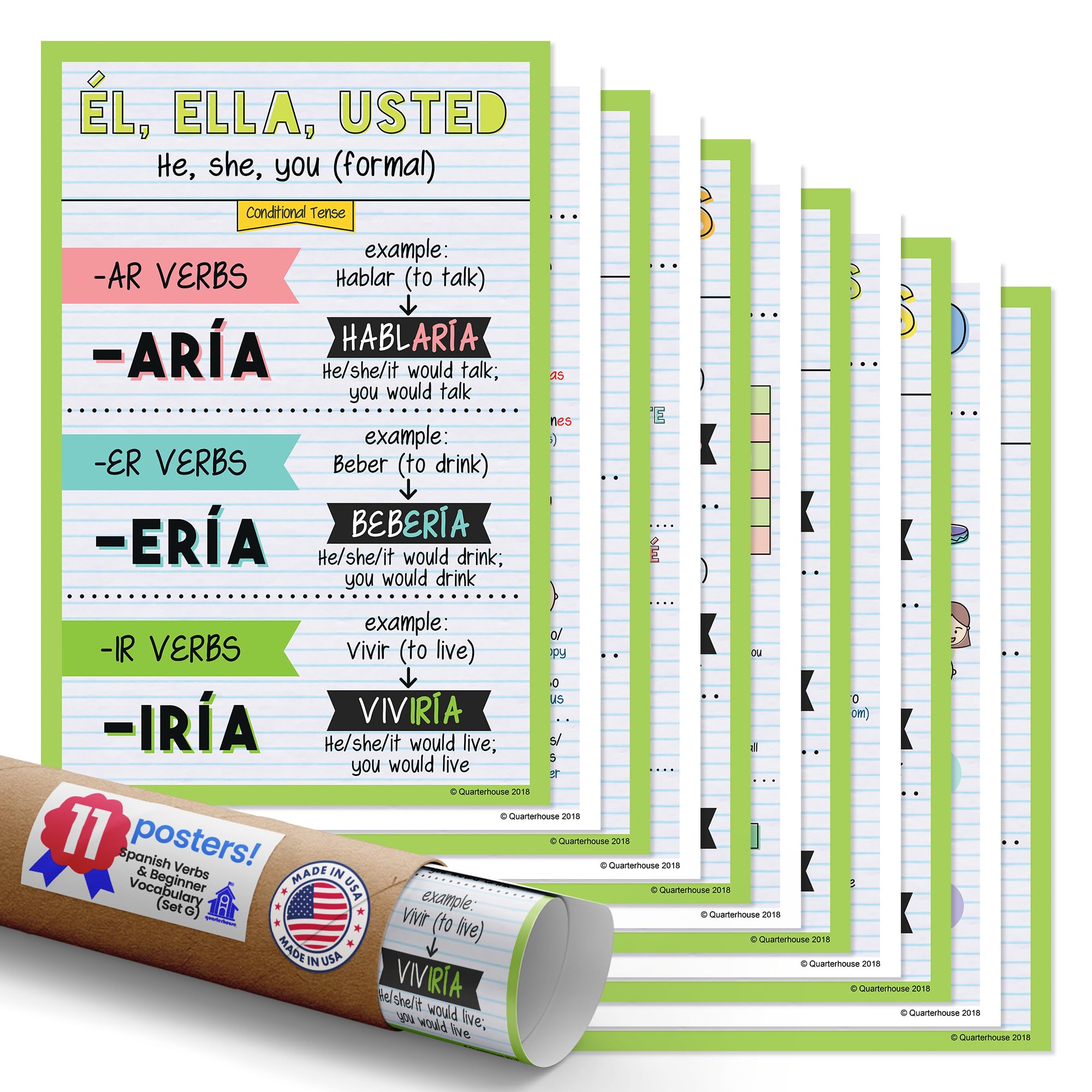 Quarterhouse 11 Poster Spanish Verbs and Beginner Vocabulary (Set G) Set, Spanish Classroom Learning Materials for Pre-K and K-12 Students and Teachers, 12 x 18 Inches, Made in USA