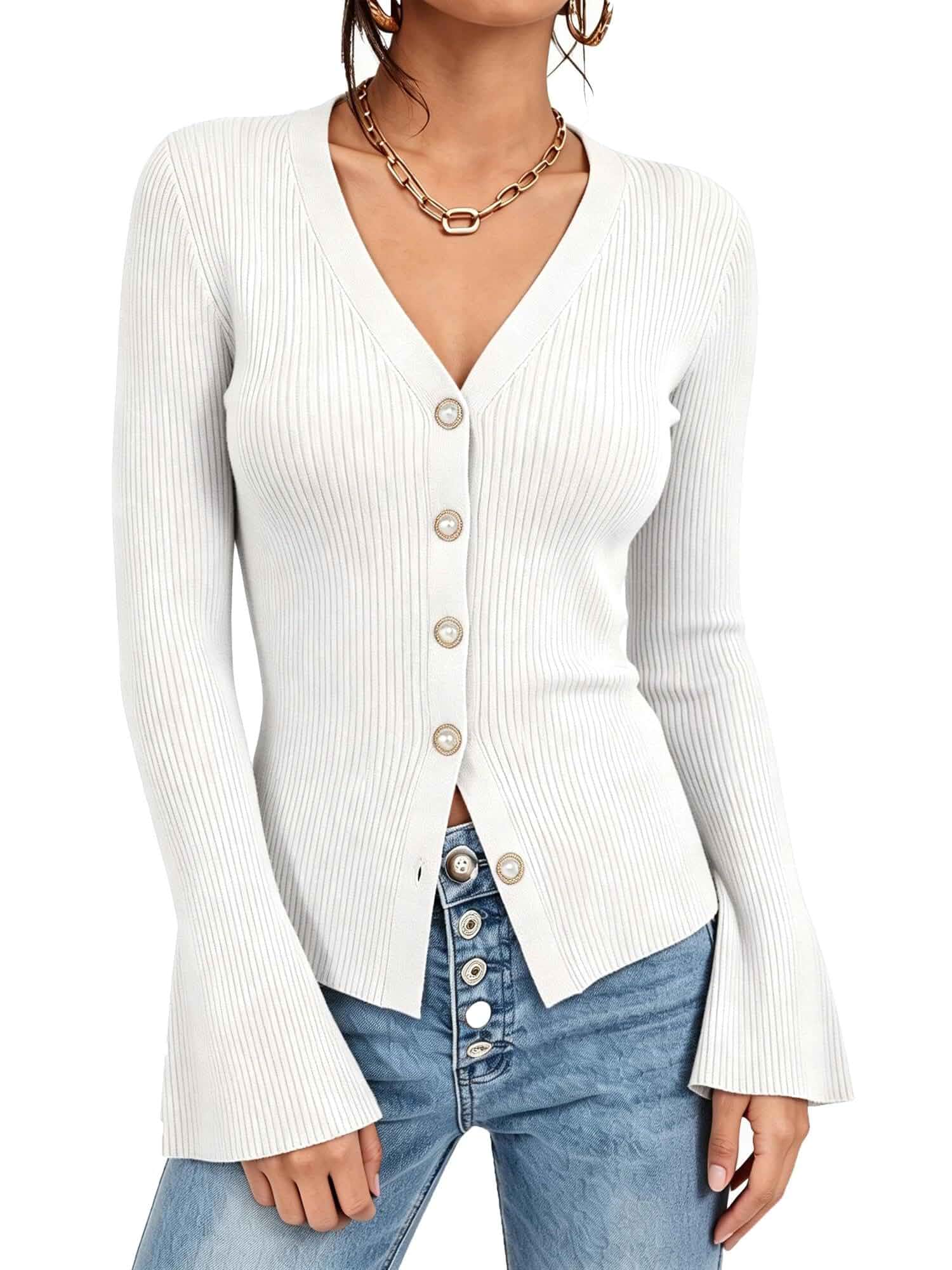 Womens Ribbed Fall Cardigan Sweater V Neck Knit Tops Slim Fit, Button Up, Long Sleeve Sweater Top, Lightweight, Layering, Stretchy, Soft Trendy, Going Out, Spring Outfit