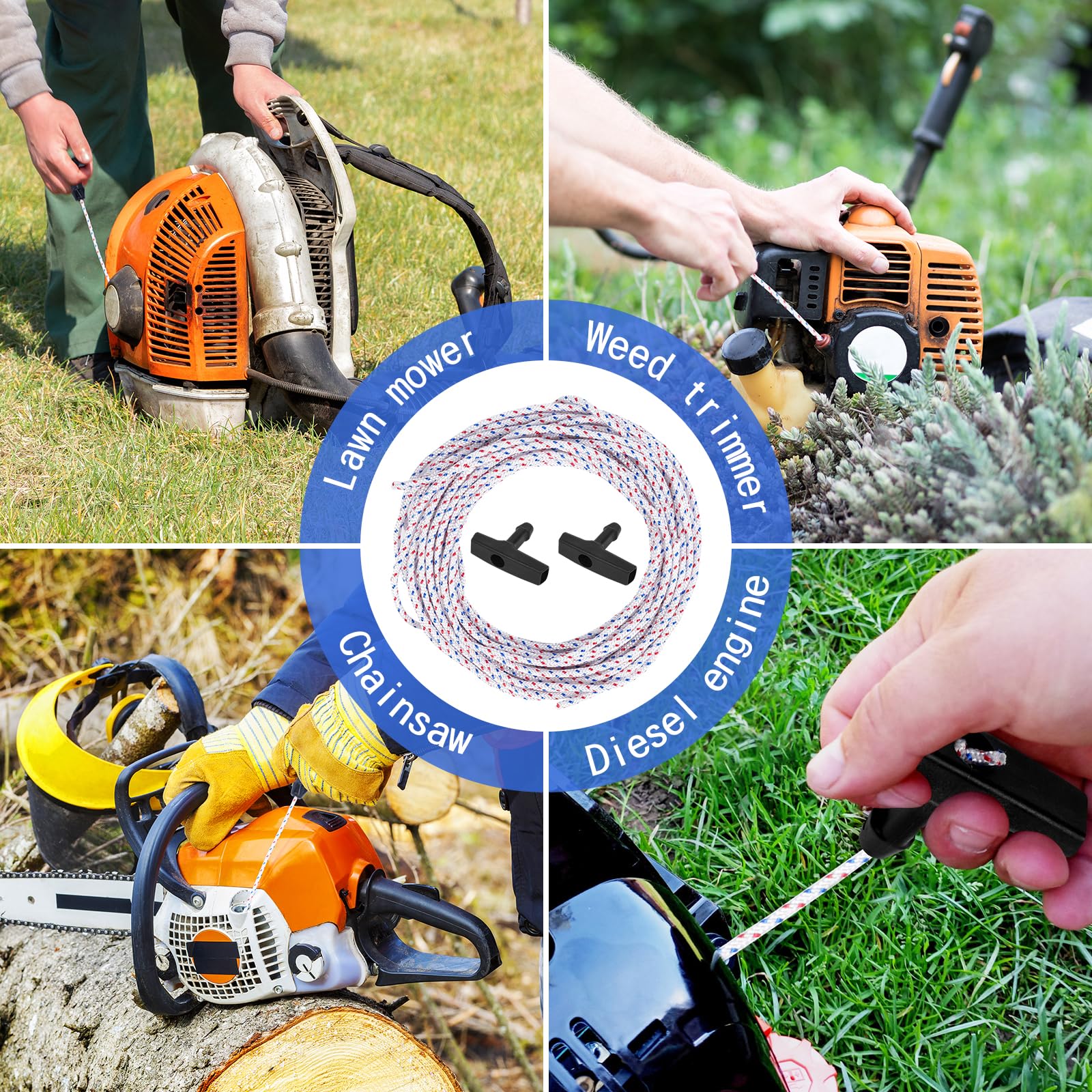 Cuerda de arranque de retroceso de 4 mm, 50 pies con 2 asas universales de repuesto para motosierras, cortacésped, cortadoras de cuerda, compatible con Husqvarna, STIHL