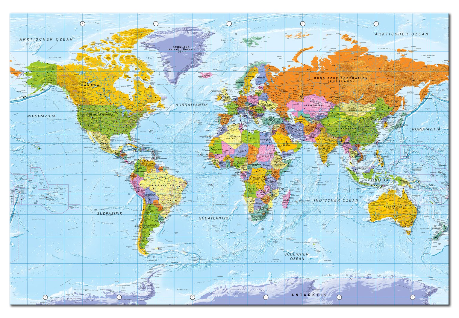B&D XXL deutsch Weltkarte Pinnwand Kork & Vlies Leinwand Bilder 120x80cm XXL Zum Pinnen Groß Wandbild Rückwand Set mit 50 Markierfähnchen Wanddeko - Pins Deko Korktafel Lernkarte Landkarte World Map