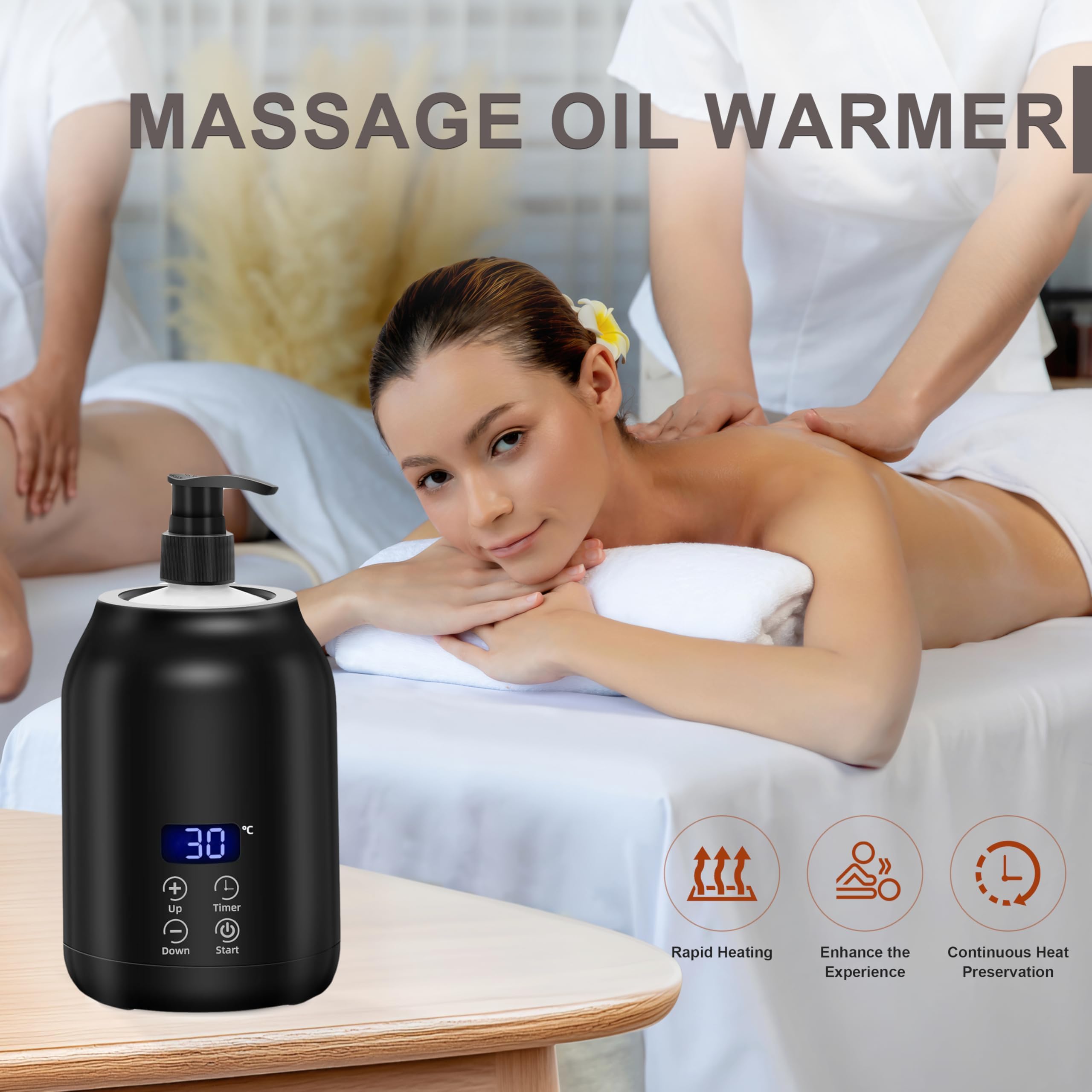 Elitzia Calentador de aceite de masaje, dispensador de loción con control táctil inteligente, temperatura ajustable de 30.0 °C a 65.0 °C con botellas de plástico de metal con doble bomba, dispensador