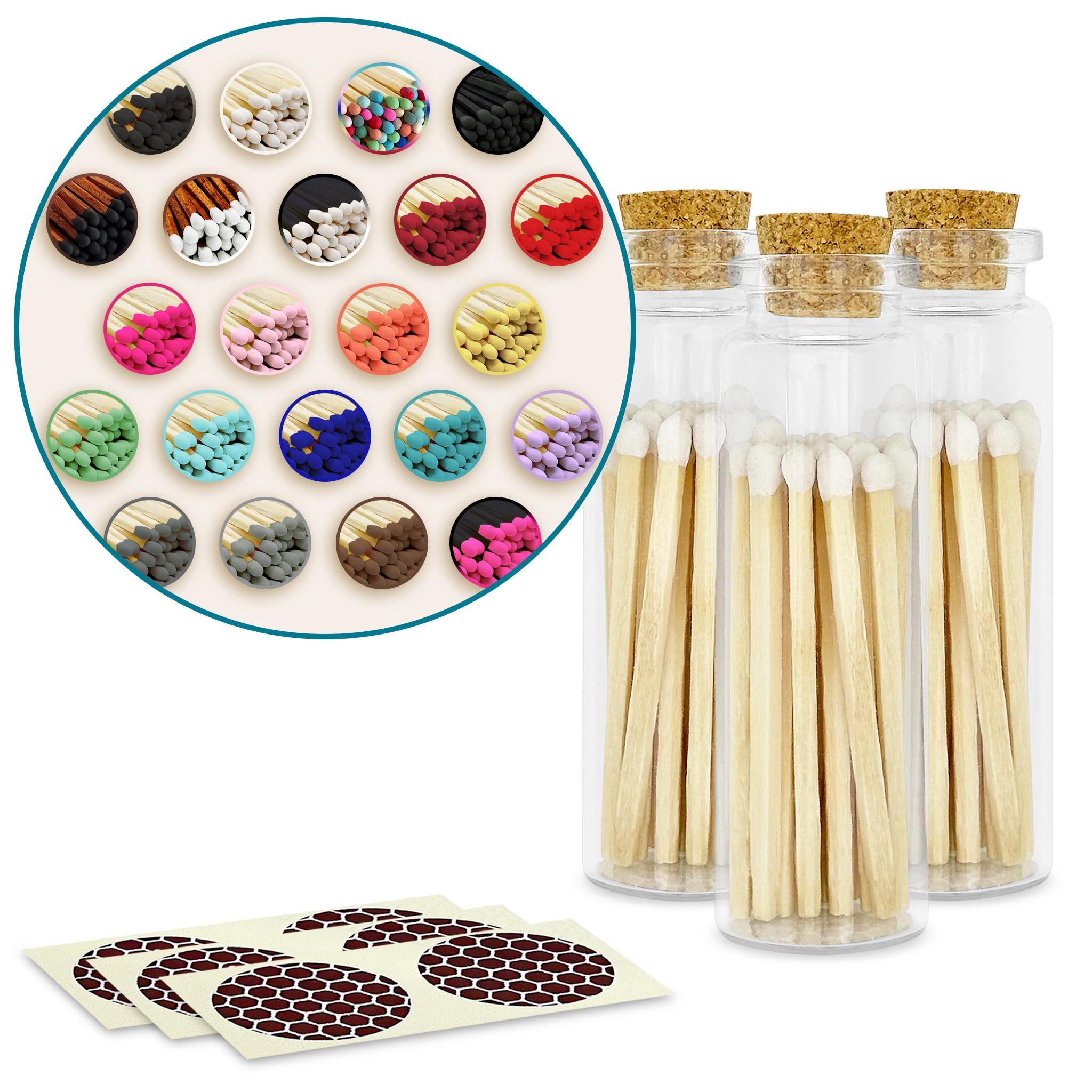 2" Matches in 3 Glass Bottles Cork Top, Striker Stickers Included | 60 Matchsticks Color of Your Choice | Decorative Safety Matches w/Small Glass Holder | Gifts &amp; Home Decor by Thankful Greetings