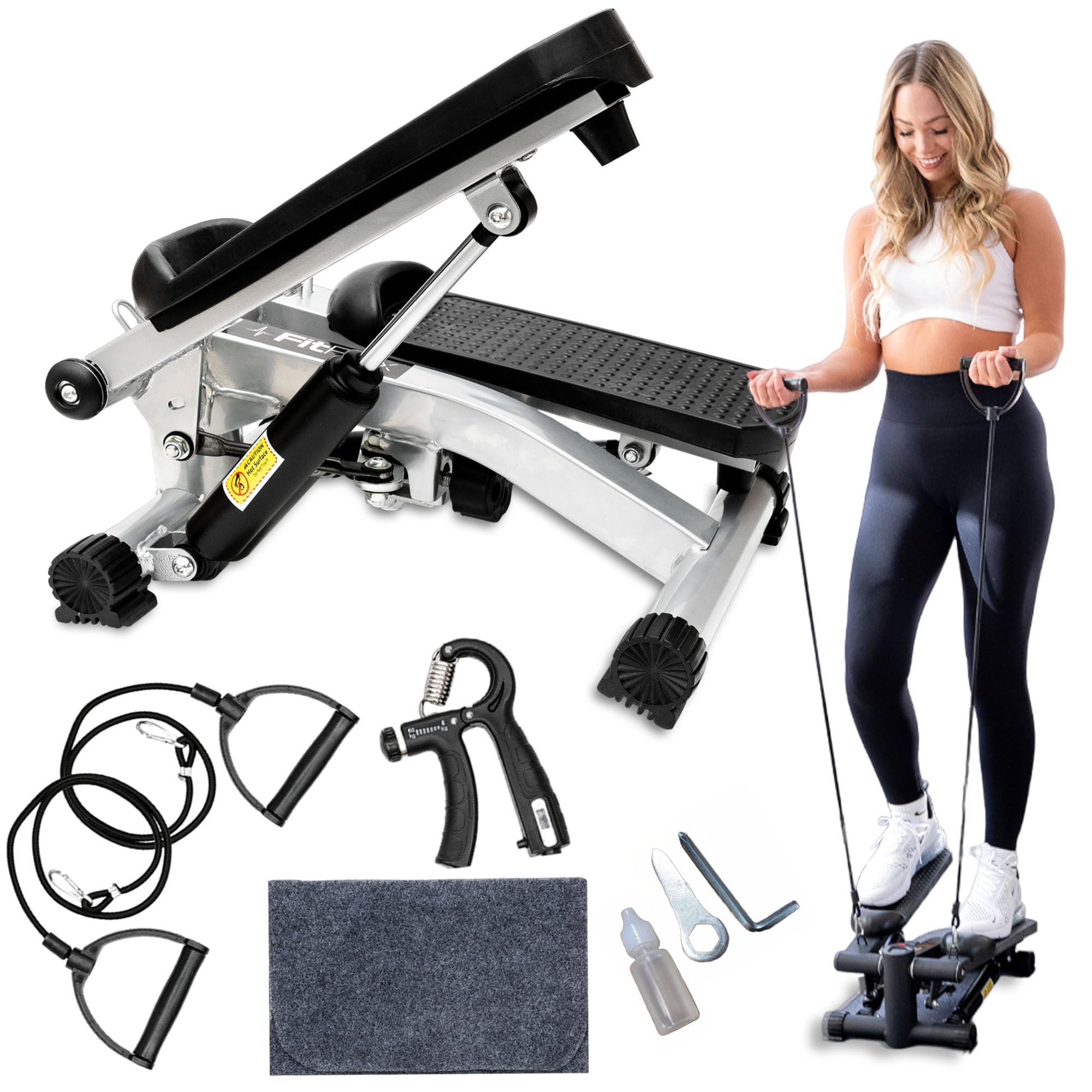 Mini Stepper with Resistance Bands & Wrist Strengthener - Portable Stair Climber for Home & Office Provides Smooth, Quiet Full Body Workout - Comes with Floor-Protecting Mat - Black or Grey