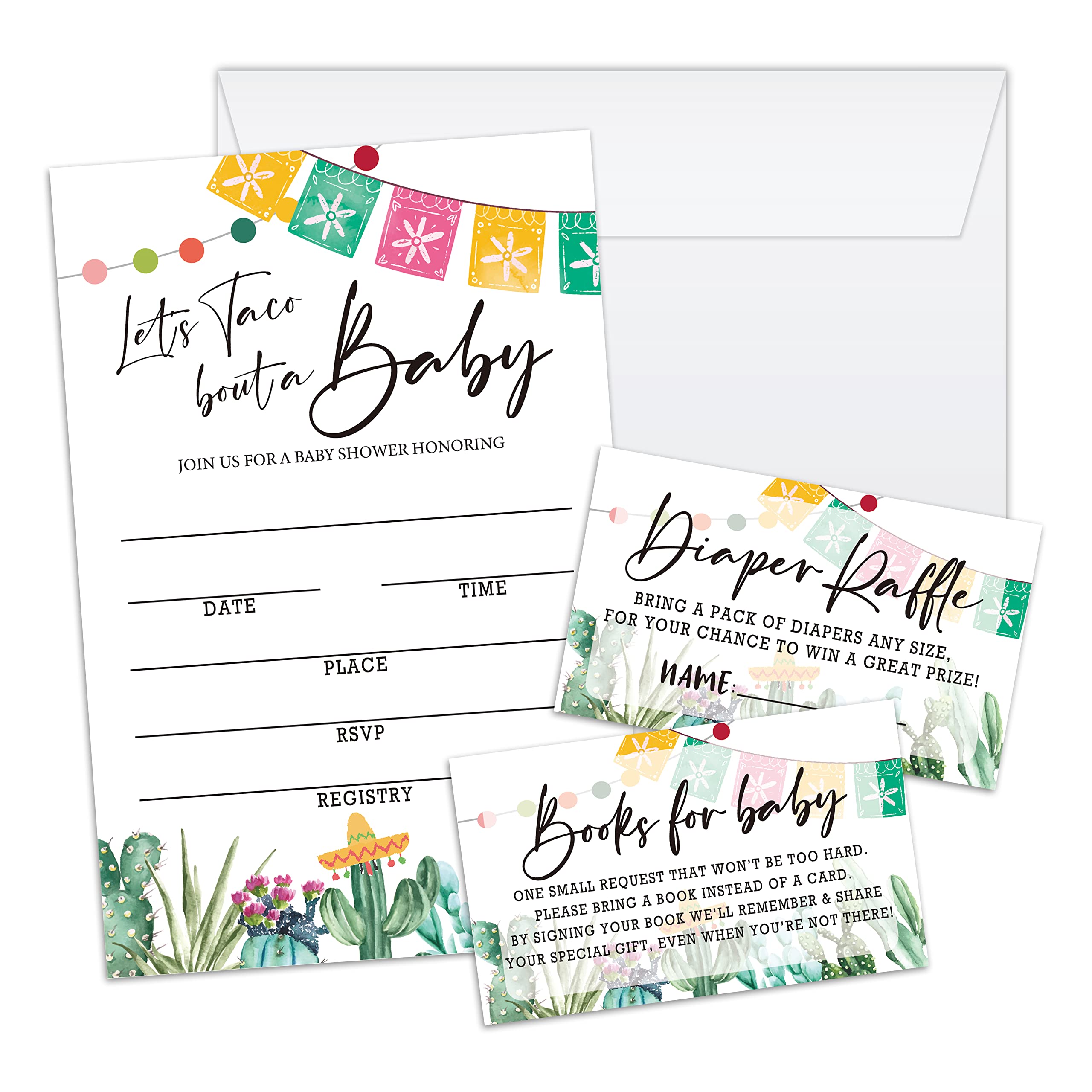 Utaqer Fiesta Cactus Baby Shower Invitation Cards With Envelopes, Diaper Raffle Tickets, Baby for Book 100 piece set, Gender Reveal Party for Baby