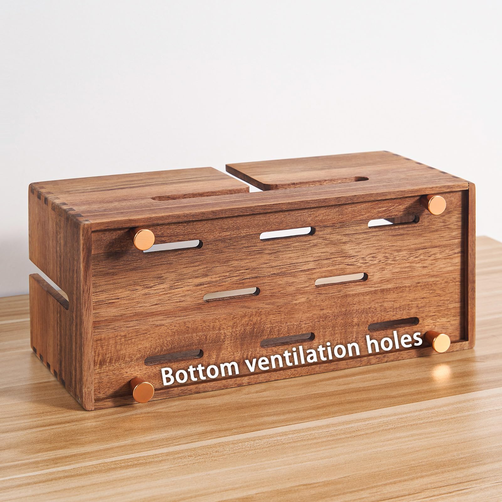Caja de gestión de cables de madera de acacia, ocultador de cables de madera con 4 pies de metal, organizador para escritorio y suelo, tira de alimentación, corrector de cables de TV, almacenamiento
