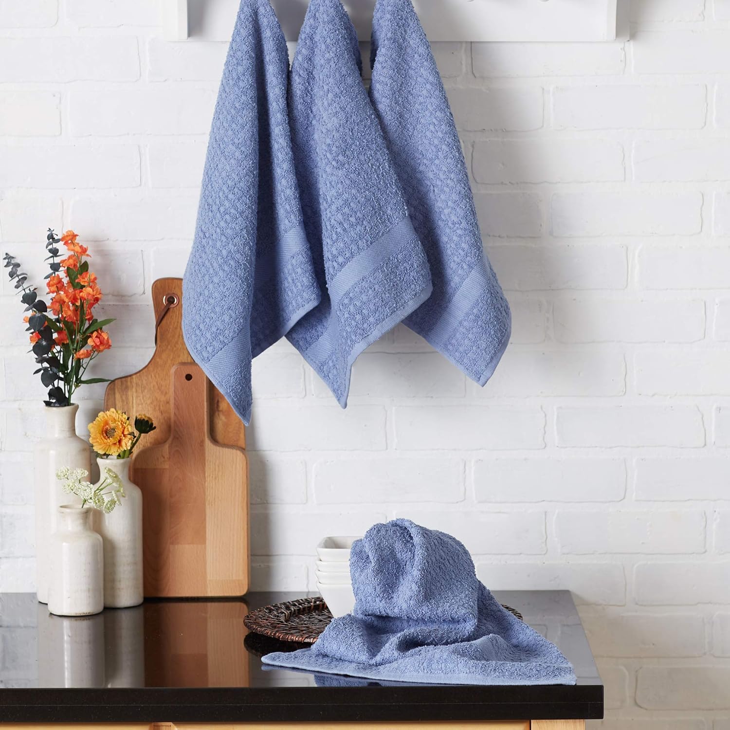 Solid Stonewash Blue Cotton Terry Dishtowel Set of 4