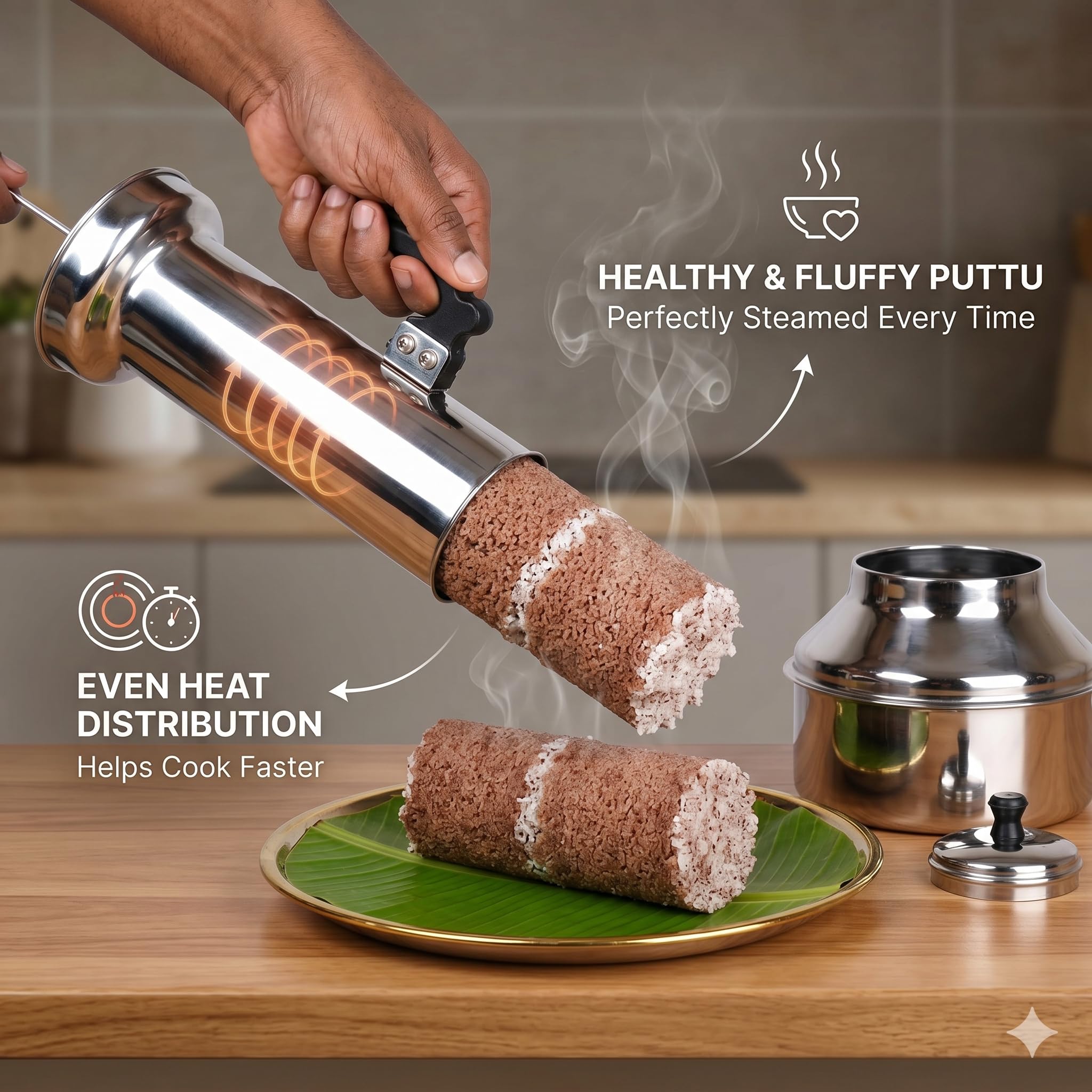 Nakshathra Stainless Steel Puttu Maker with Bakelite Handle, Steamer, ideal Puttu Kudam for Induction & Gas Stove, Toxin Free Material (Medium) 2