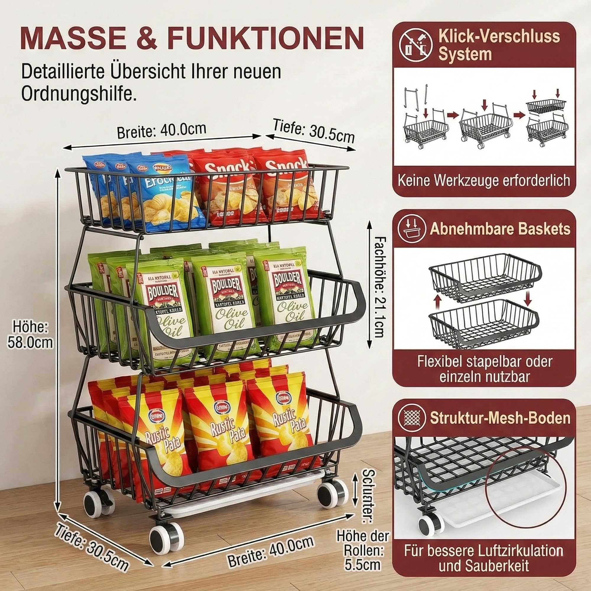 Obstkorb 3 Ebenen, rollbarer Gemüsekorb aus Metall, Früchtekorb Küchenwagen mit Rollen, Aufbewahrungskorb Organizer für Obst, Gemüse, Zwiebeln, Kartoffeln, Snacks, Küche, Vorratskammer, schwarz