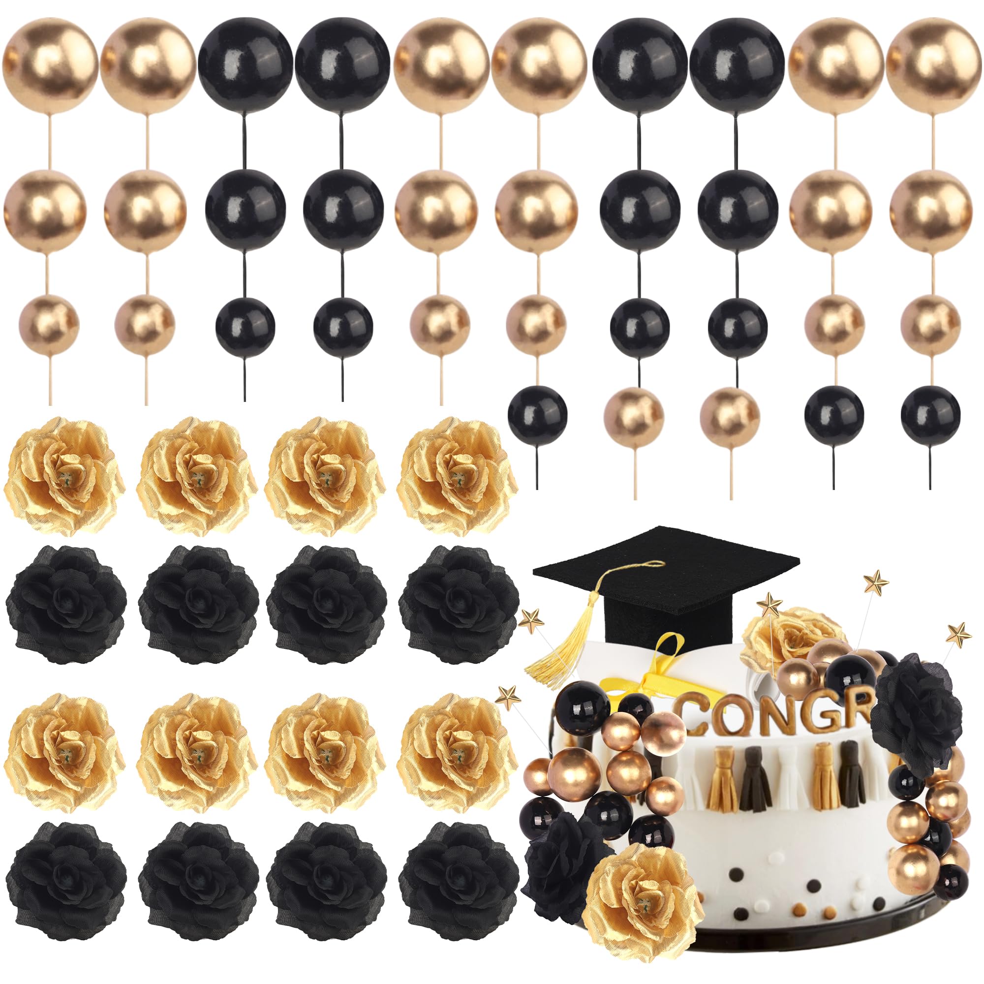 2026 Graduation Cake Topper Decoration Diploma Done Grad Cap Cake Pick Balloon Flower Prom 2026 Graduation Cake Decorations for Class of 2026 Congrats Grad Party Cake Supplies Black Gold