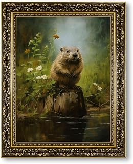 Vintage Framed Beaver Portrait Canvas Print Art Rustic Wall Art Painting Pictures Cute Trendy Art Print for Living Room Bedroom Home Decor Decoration Wall Decoration (Retro Framed,12L x16W)
