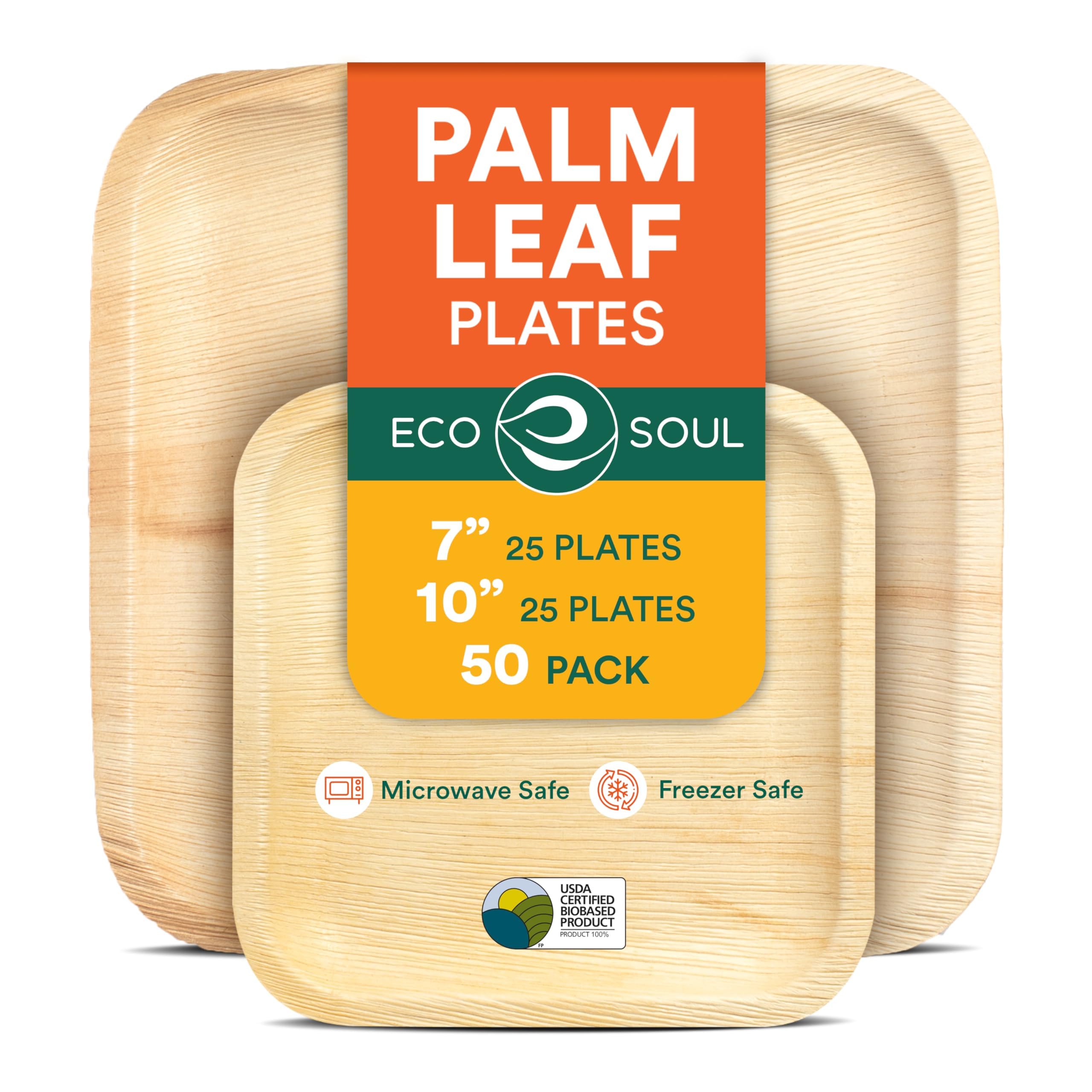 ECO SOULCompostable 7 & 10 Inch Palm Leaf Square Plates (50 Count) Like Bamboo Plates | Biodegradable | Eco-Friendly, Microwave & Oven Safe - Party Pack