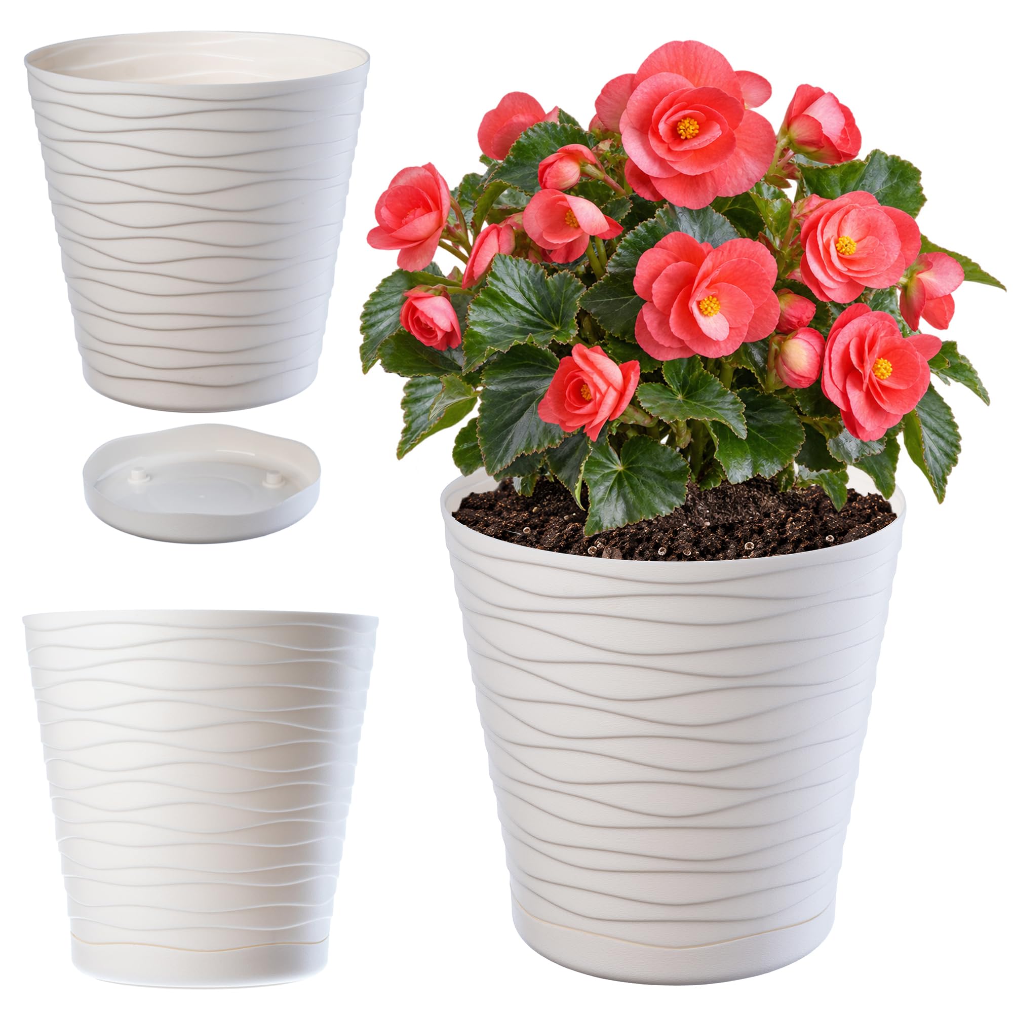 KADAX Blumentopf mit Untersetzer, Pflanzkübel für Innen, Leichter Blumenkübel, Pflanztopf aus Kunststoff, runder Übertopf für Blumen, Pflanzen, Haus, Pflanzgefäß (13cm, Creme)