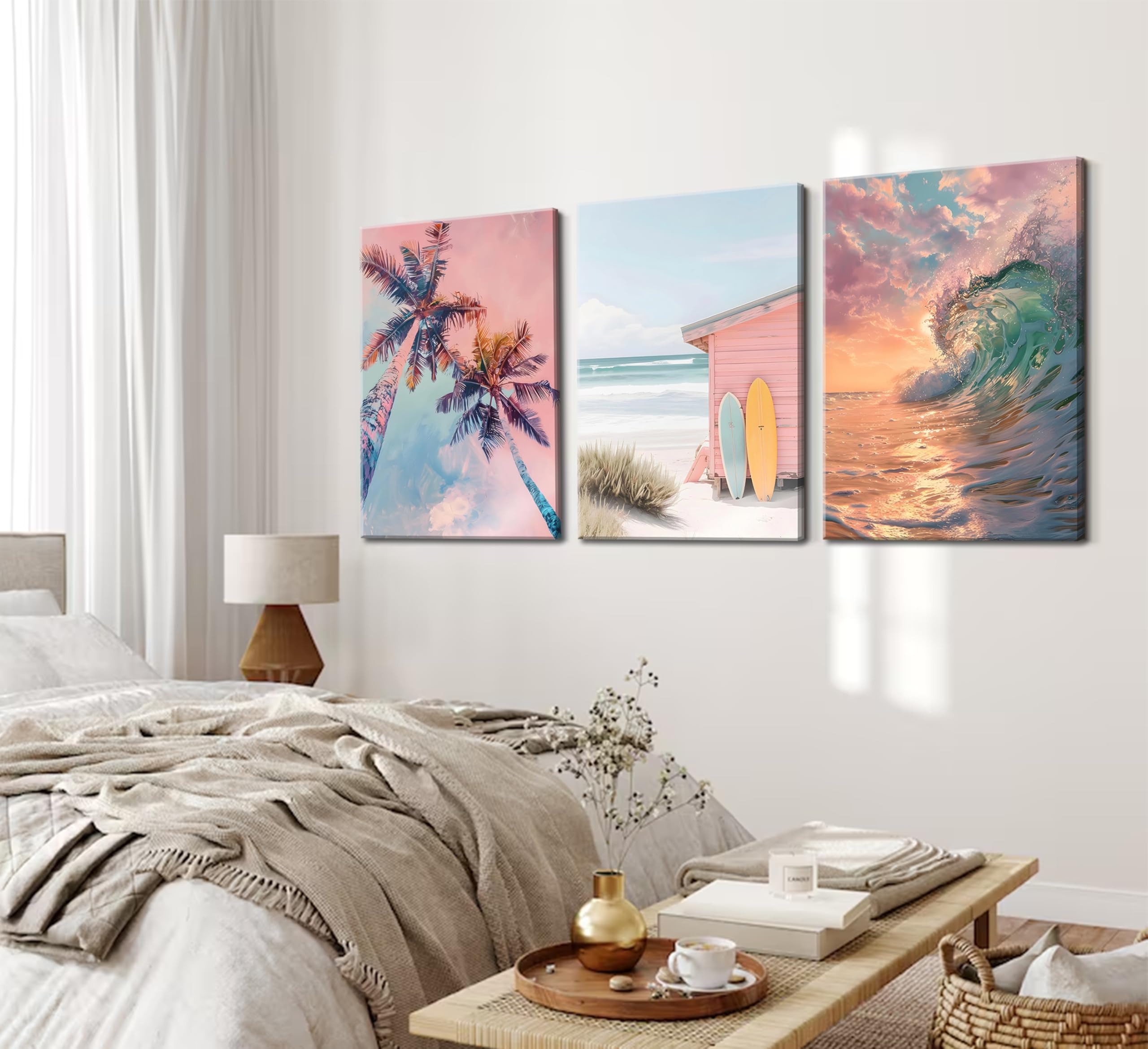 3 lienzos de surf costeros de verano, pintura de playa tropical, decoración de pared, palmeras, tabla de surf, olas, póster impreso para baño, dormitorio, decoración del hogar, sin marco, 20 x 30