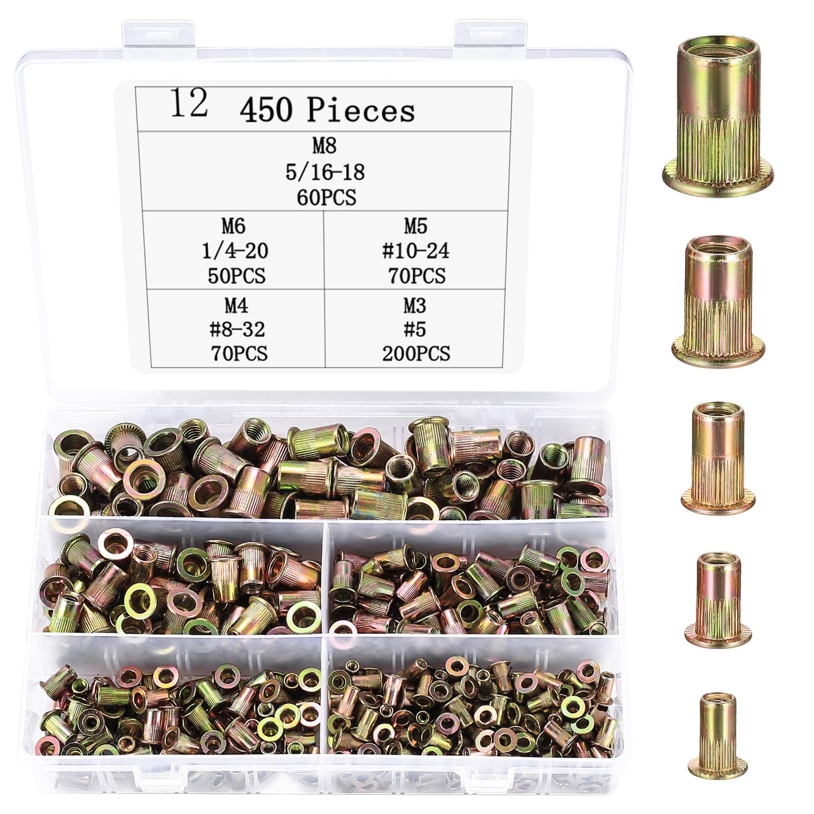 Set di 450 dadi rivetti, assortimento di dadi rivetti a testa piatta, M3 M4 M5 M6 M8, dadi filettati, rivetti filettati per dadi rivetti, per pinze per dadi rivetti, piastre metalliche, tubi, ecc