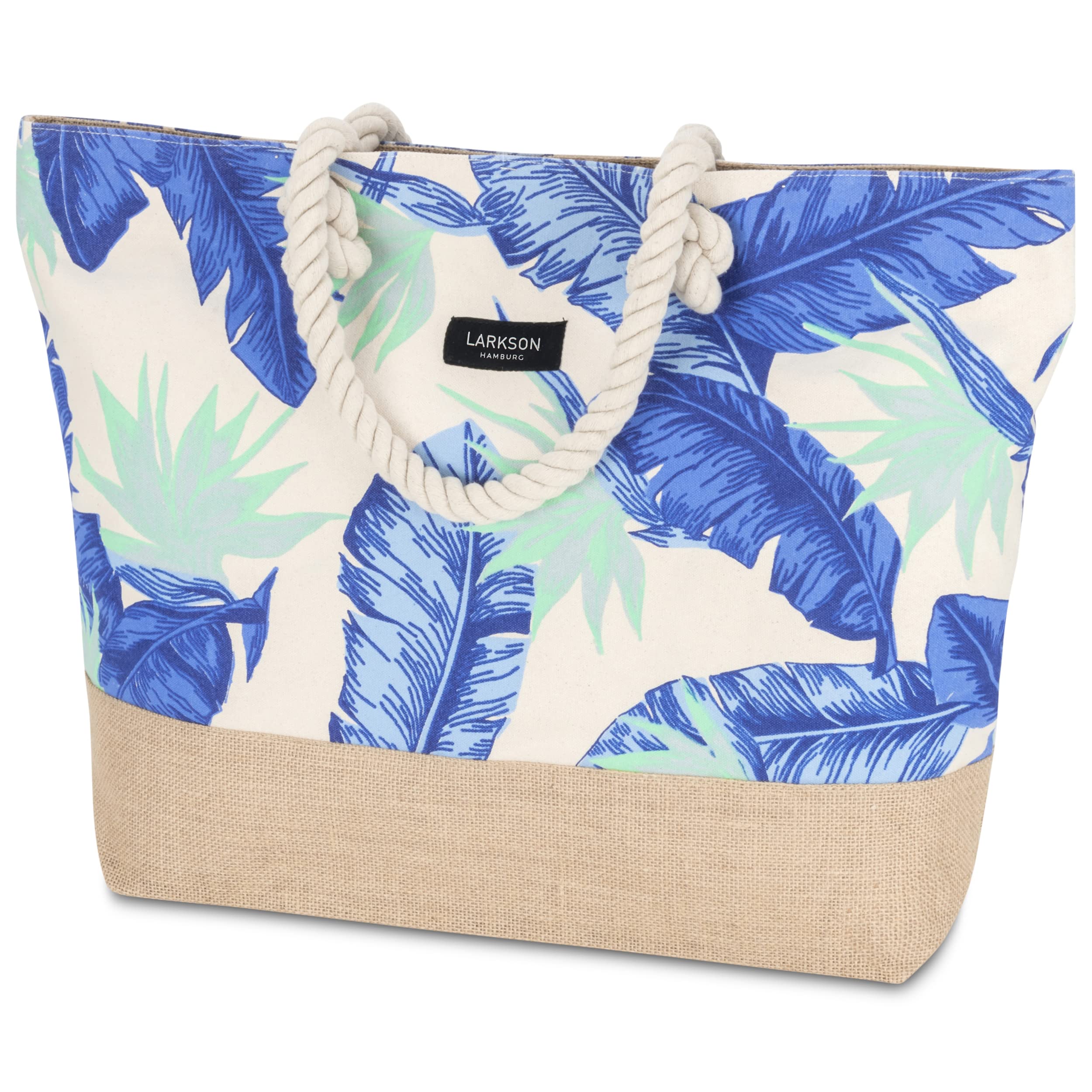 LARKSONBolso de Playa Bolso de Viaje para Hombre y Mujer Hecho de Resistente Lona de Algodón y Yute - Bolsa para Nadar con Cómodas Asas Amplias - Gran Bolso Tote con Cremallera