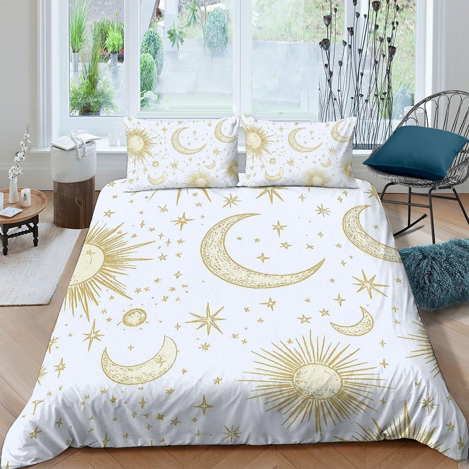 Ctjqhvkz Style-2 3D Printed Moon Sun Fitted Sheet Microfiber Soft Gold Celestial Star Bed Cover For Bedroom Guestroom Decor Mattress Protection Single（135X200cm）