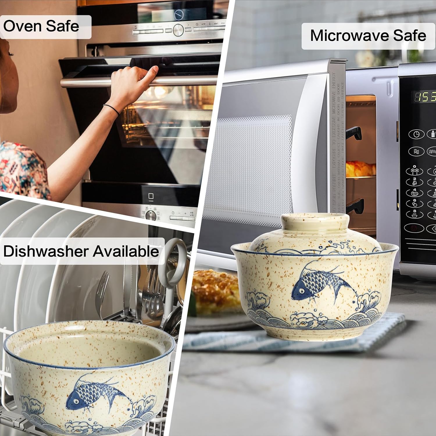 Ceramic Ramen Bowl Set of 2, Ramen Noodle Bowl with Lid 27oz Japanese Retro Style Soup, Pho, Udon Bowls, Matching Spoons and Chopsticks for Microwave & Dishwasher Safe, Fish