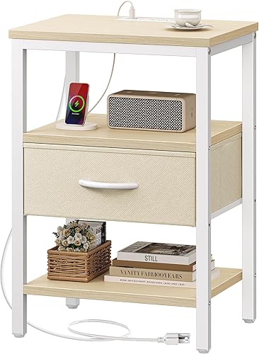 Miniatura 9 de SUPERJARE - Juego de 2 mesitas de noche con base de carga, cajón de tela ajustable, mesita de noche para dormitorio, mesas auxiliares de 3 niveles,