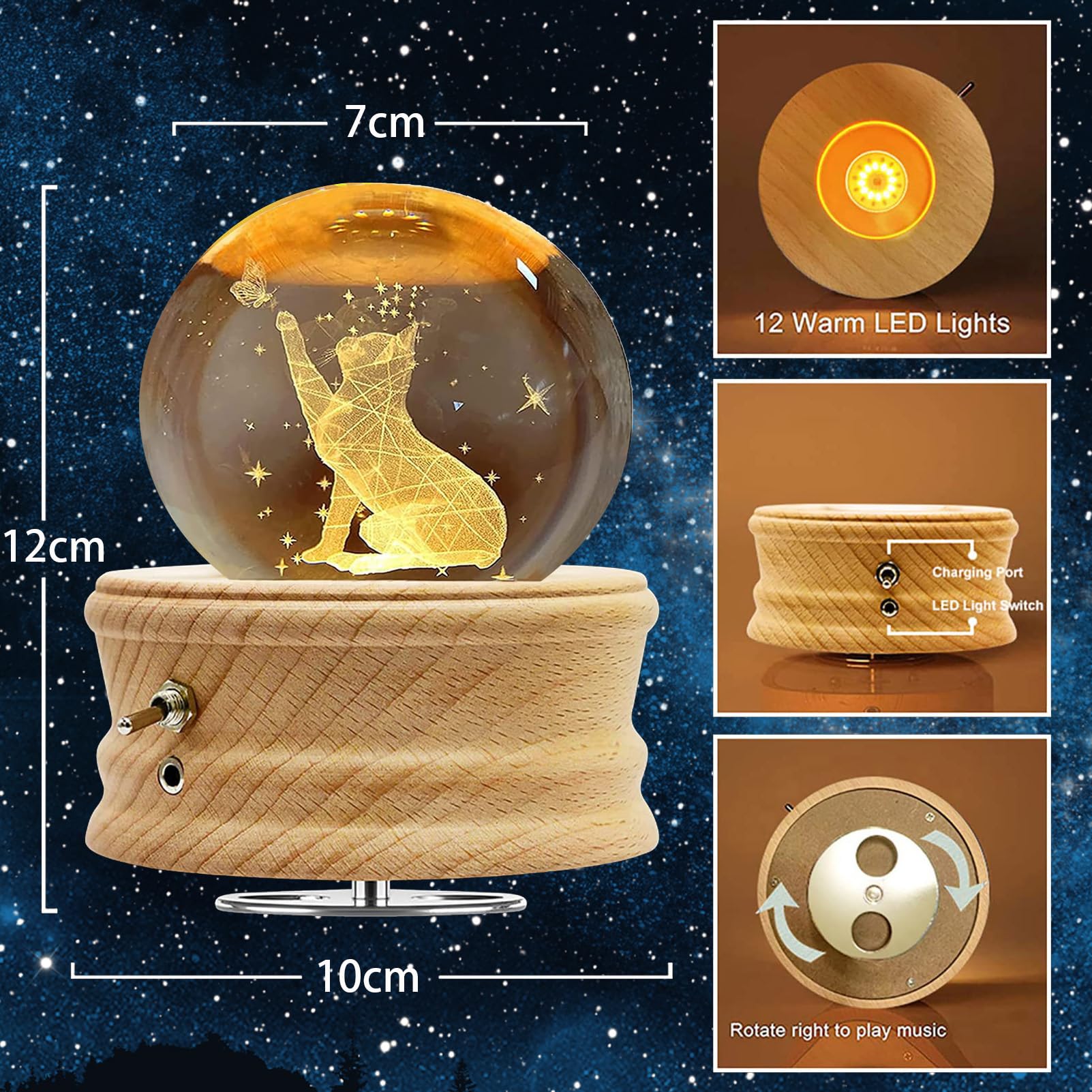 Spieluhr für Erwachsene, 3D Kristallkugel Spieluhr, 360° Leuchtende Drehbare Spieluhr mit Lichtprojektion und Holzsockel, Geeignet für Kinder, Ehefrauen, Mütter, Kreative Dekoration Geschenke
