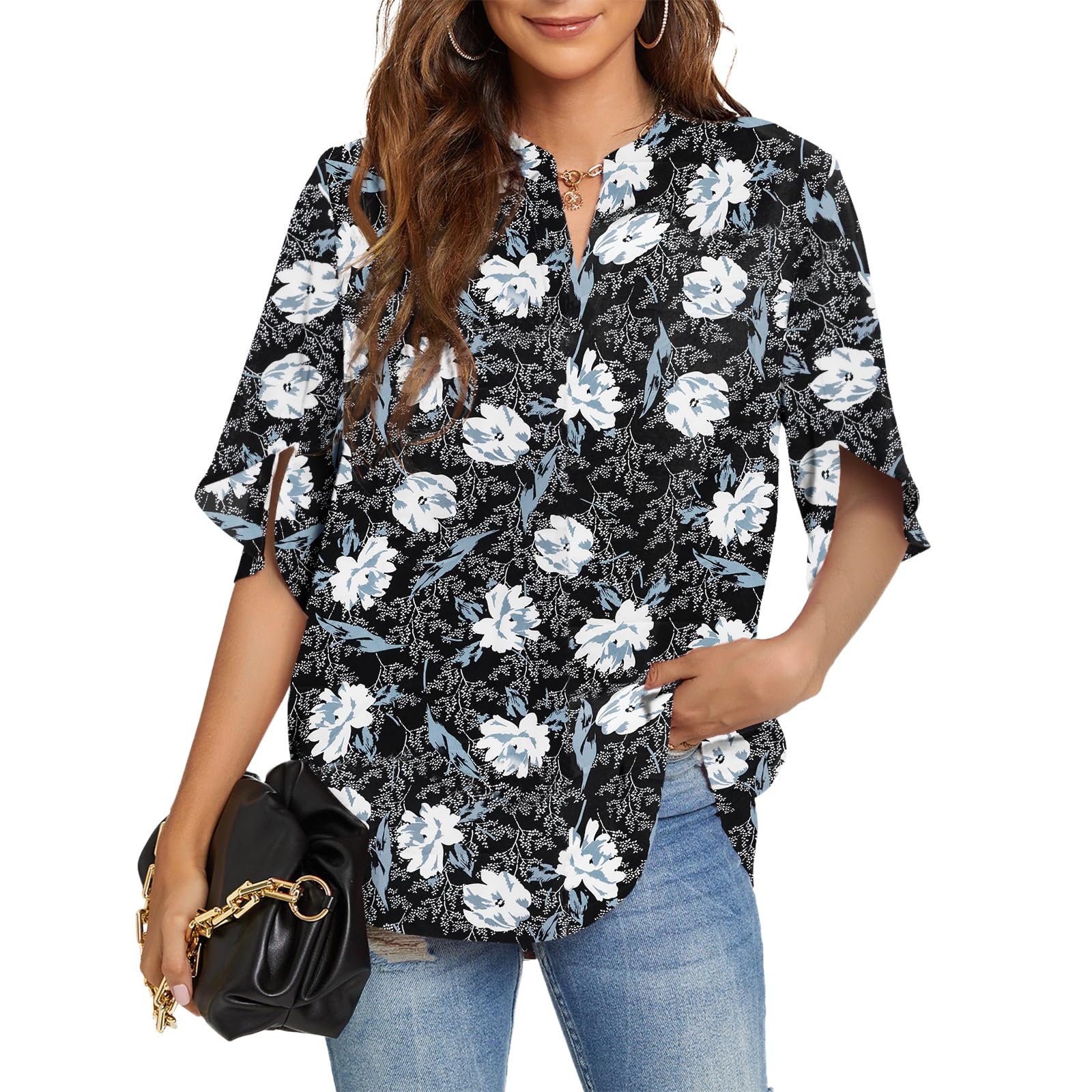 Funlingo Women's Summer Tops Short Sleeve Casual Shirts V Neck Chiffon Dressy Blouse Tops - 71% off