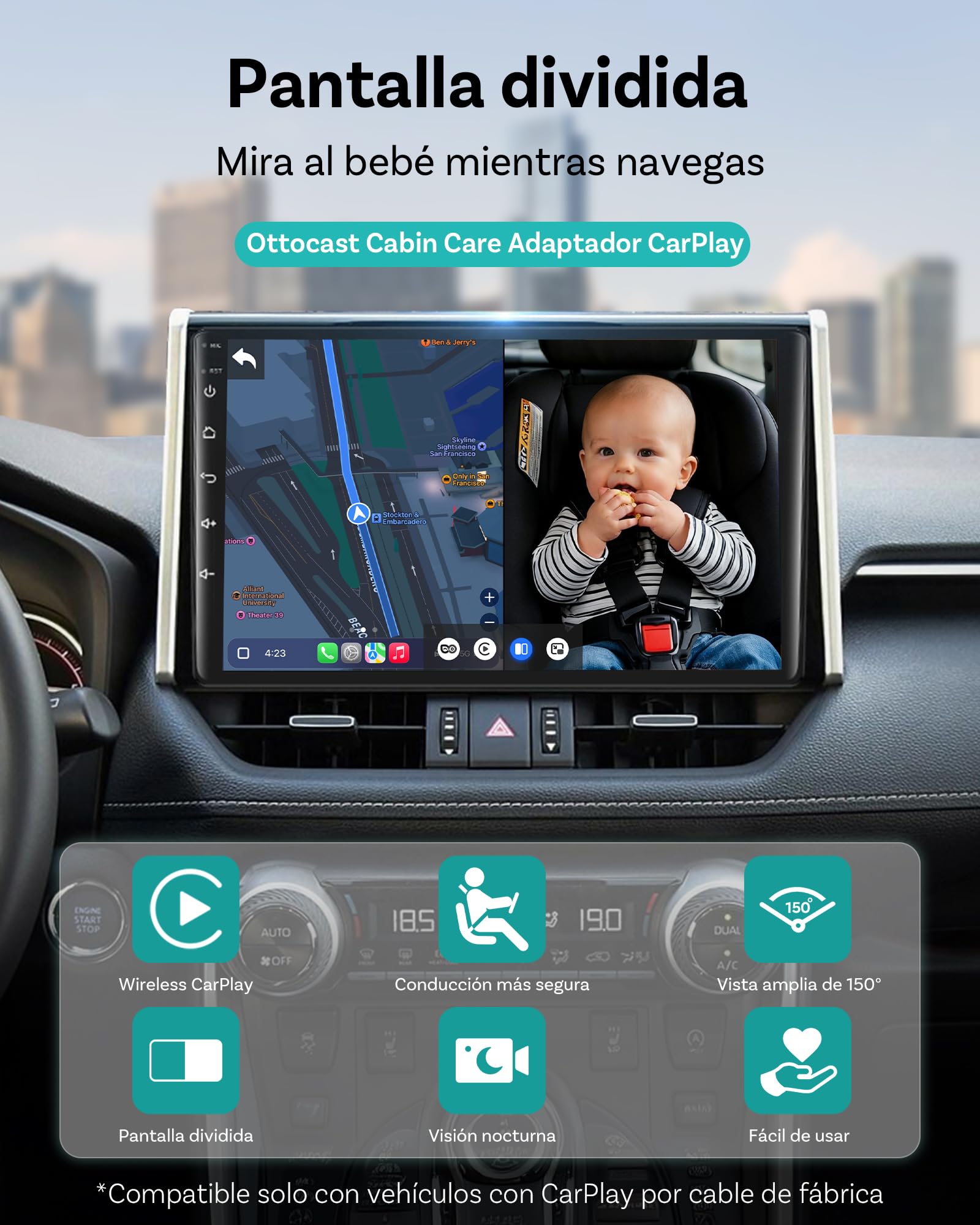 Ottocast Cabin Care CarPlay Adapter 2026, Ottocast Mini Cámara Asiento Trasero 1080P, USB-A Plug & Play, Solo para CarPlay con Cable de fábrica
