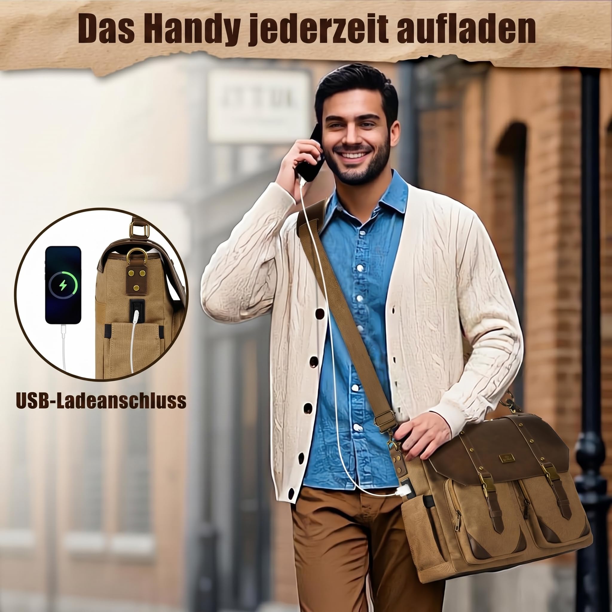 MATEIN Vintage Aktentasche Herren Leder Messenger Bag Laptoptasche 15.6 Zoll USB-Ladeanschluss RFID-Schutzfach Braun