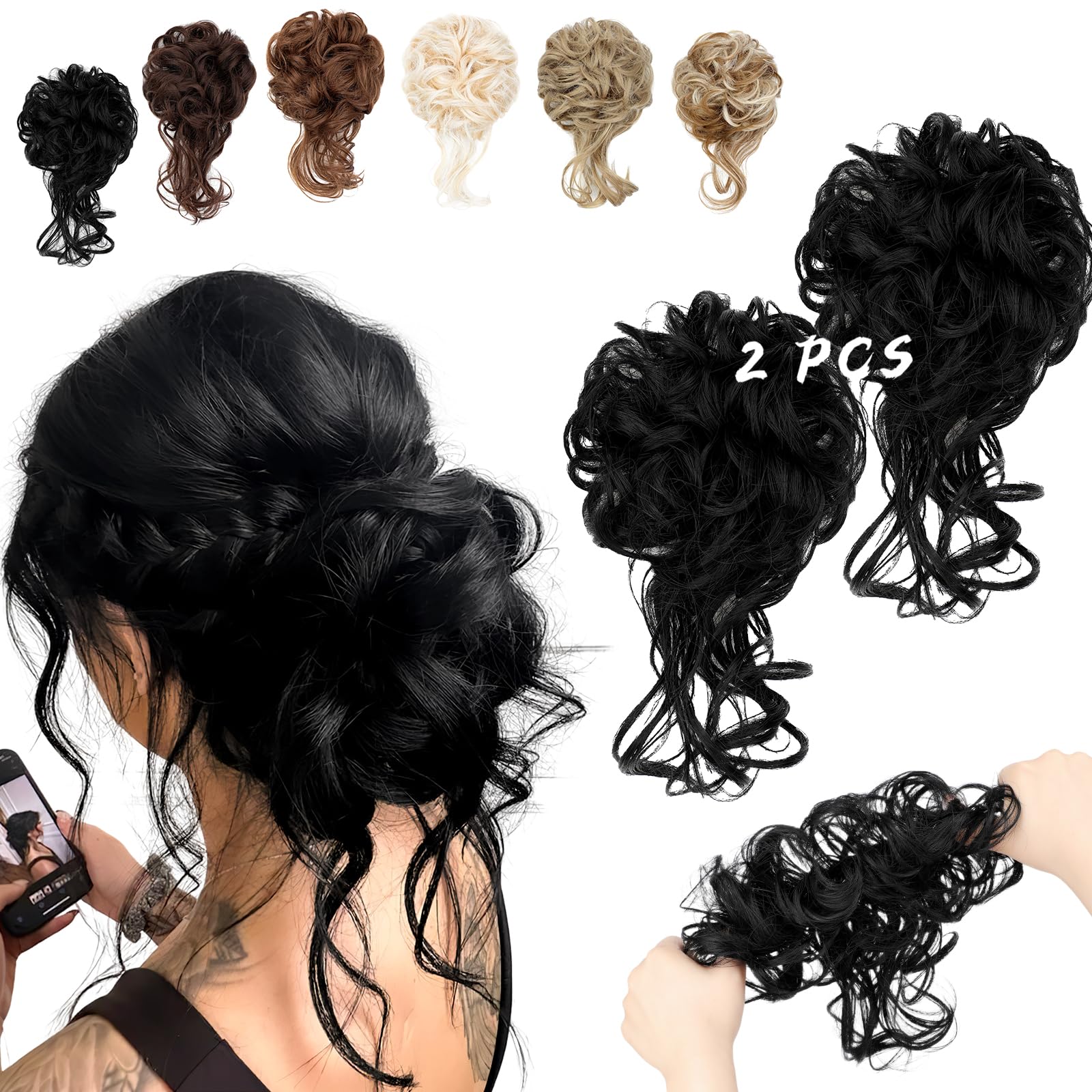 FeidyLong 2PCS Messy Bun Hair Piece Tousled Updo with Tendrils Wavy Curly Hair Bun Scrunchies Ponytail Extension Elastic Band Hairpieces For Women (