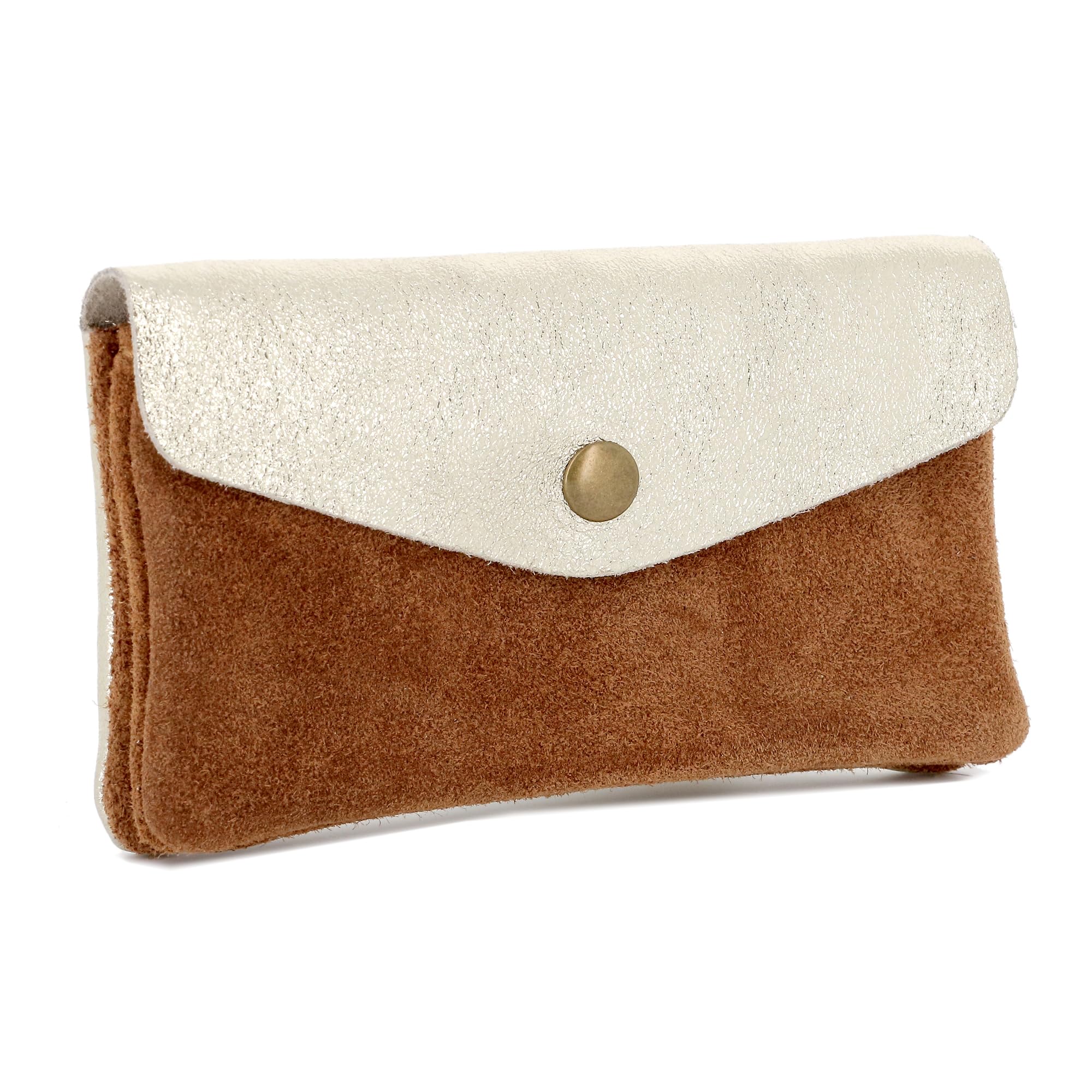 Double Tree - Porte-Monnaie Cartes Cuir Véritable Suède Irisé Femme - Portefeuille Pochette Rangement À Rabat - Format Mi-Long Taill M - Léger Pratique - Camel