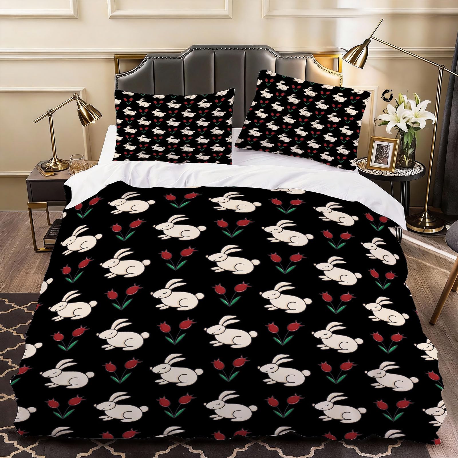 3D Cute Rabbit Duvet Cover Child Teen Bedding Double Bed Set, Soft Microfiber Comforter Cover Printed with Zipper Closure Quilt Coverr 200x200 cm and 2 Pillowcases