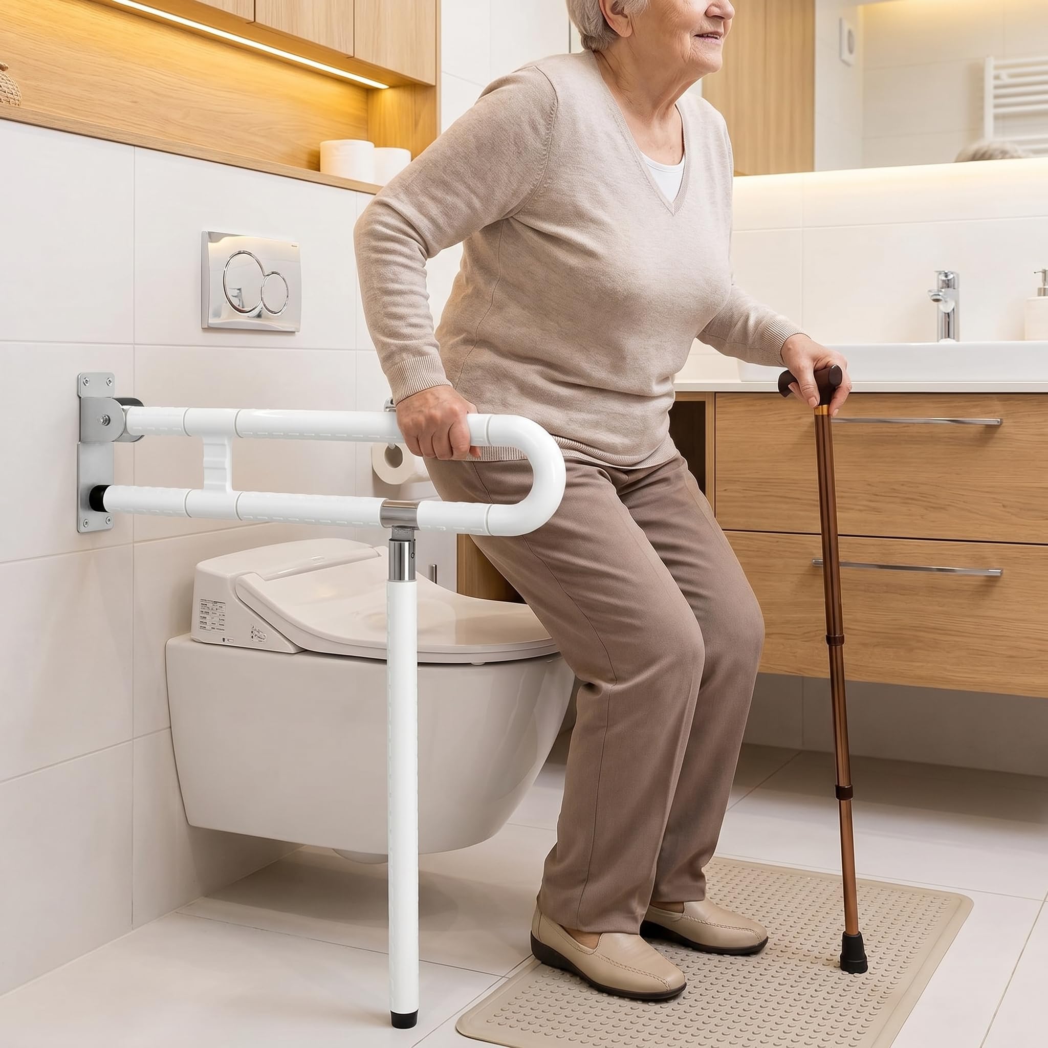 QWORK® Maniglione WC, Maniglione Bagno con Gamba, Maniglioni WC Pieghevoli Antiscivolo, Maniglia Doccia per Anziani e Disabili