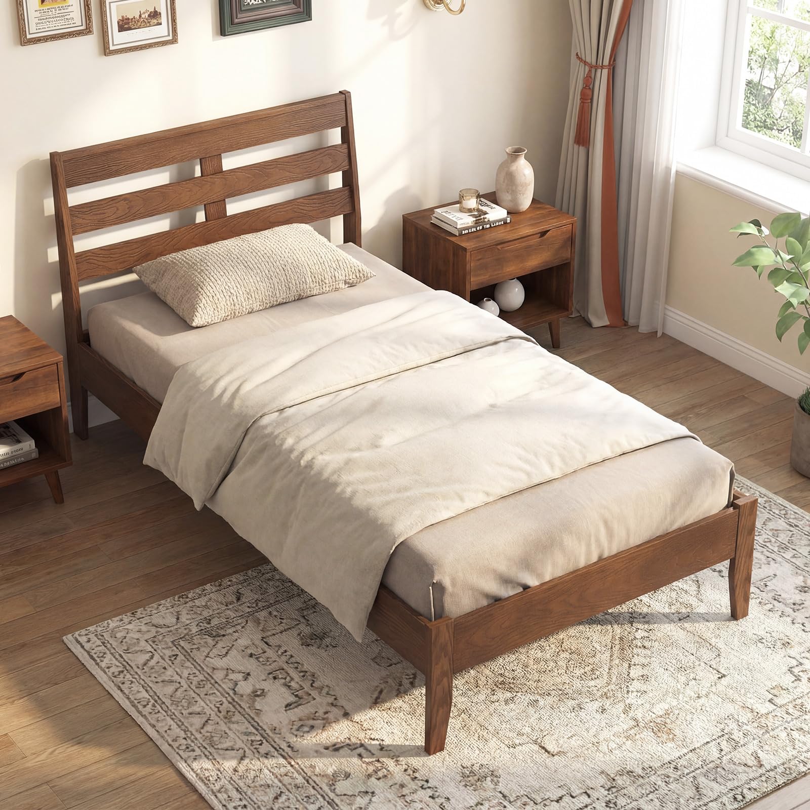 KOMFOTT Twin Size Rubber Wood Bed Frame with Headboard, Mid-Century Platform Bed Frame with Wooden Slats Support & Under-Bed Storage Space, No Box