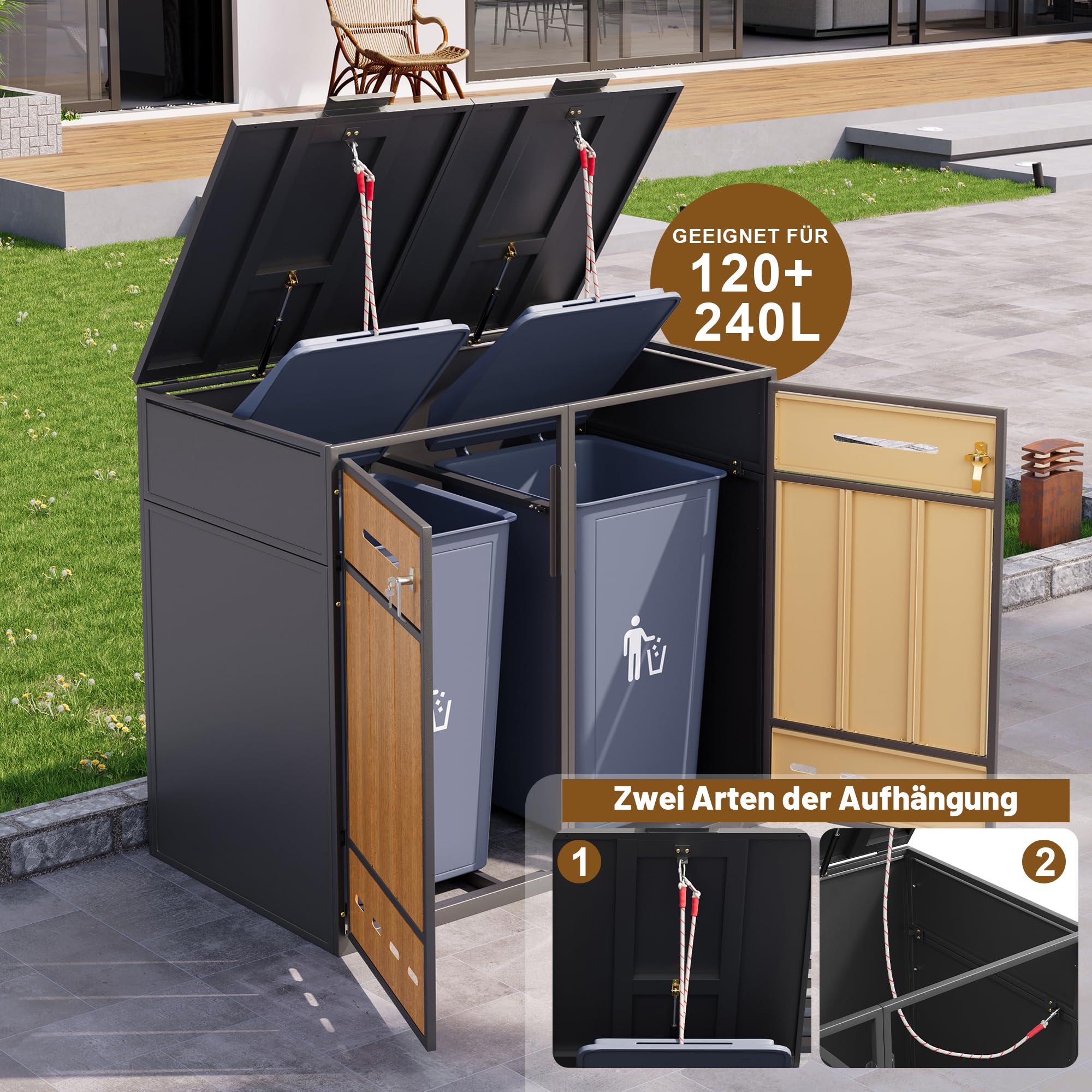 Caja para contenedores de basura, puede contener dos contenedores de basura (120-240 litros), con orificios de ventilación, compartimentos de almacenamiento de basura, con cerradura, dos puertas (1)