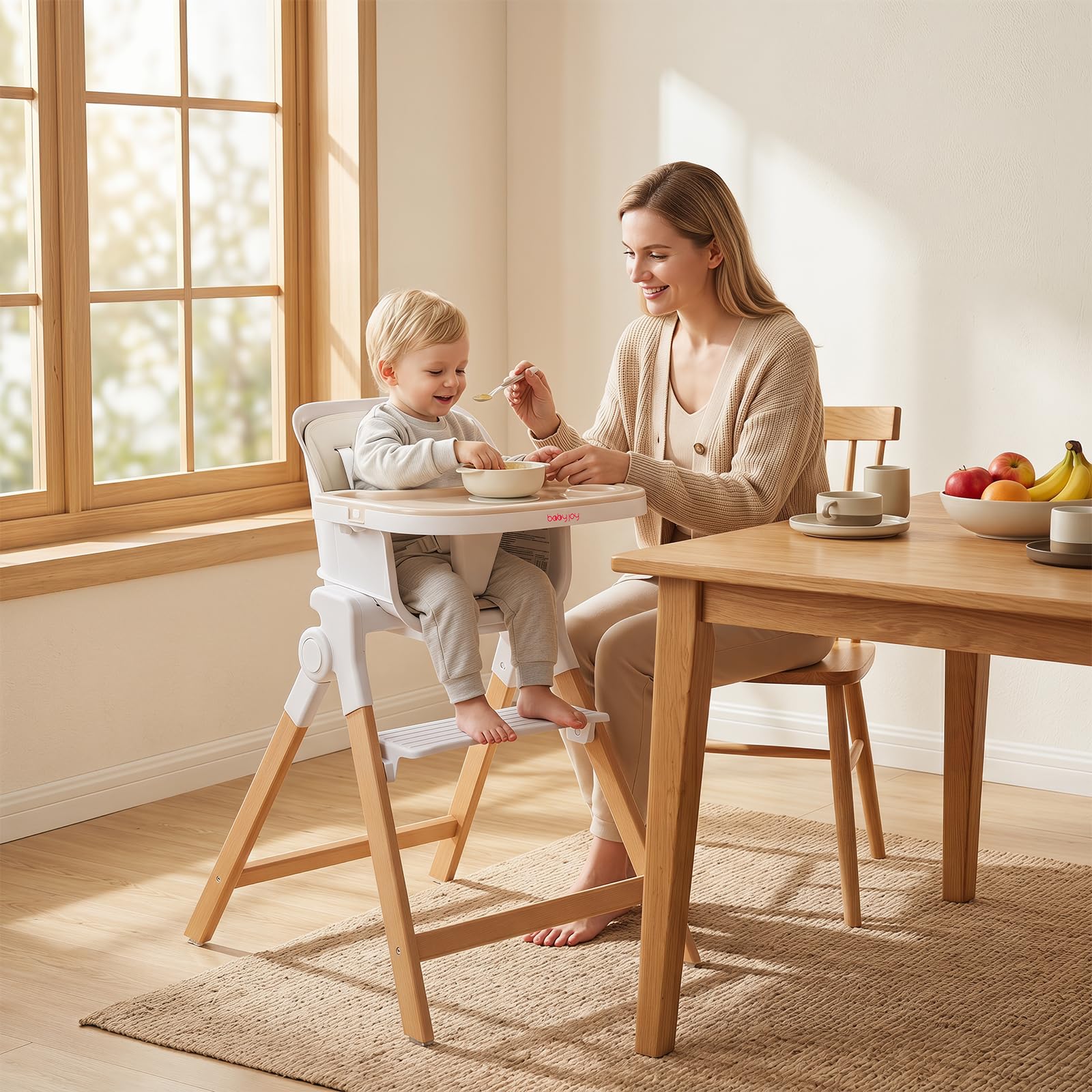 COSTWAY 4 en 1 Trona Convertible para Bebés con Reposapiés (Beige) | Silla Alta de Alimentación Evolutiva para Niños con Bandeja Desmontable y Ajustable, Arnés de 5 Puntos y Patas de Madera Haya