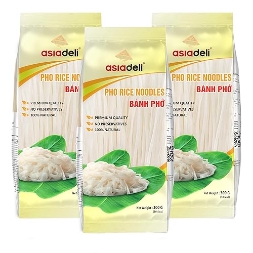 Asiadeli Fideos de arroz Pho, fideos de barra de arroz premium, fideos Banh Pho - 10.5 onzas (paquete de 3 bolsas)