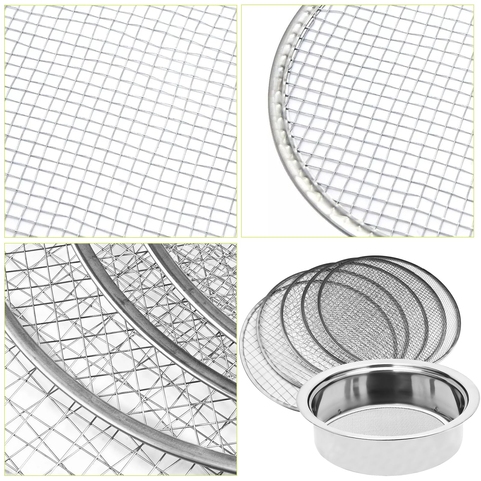 Tamis De Jardin Rond 25cm Tamis De Jardin en Acier Inoxydable, 5en1 Tamis Jardin avec 5 Tamis Interchangeables Ø 1,3,6,9,12 Mm Tamis À Compost pour Terre, Compost, Semences, Sable