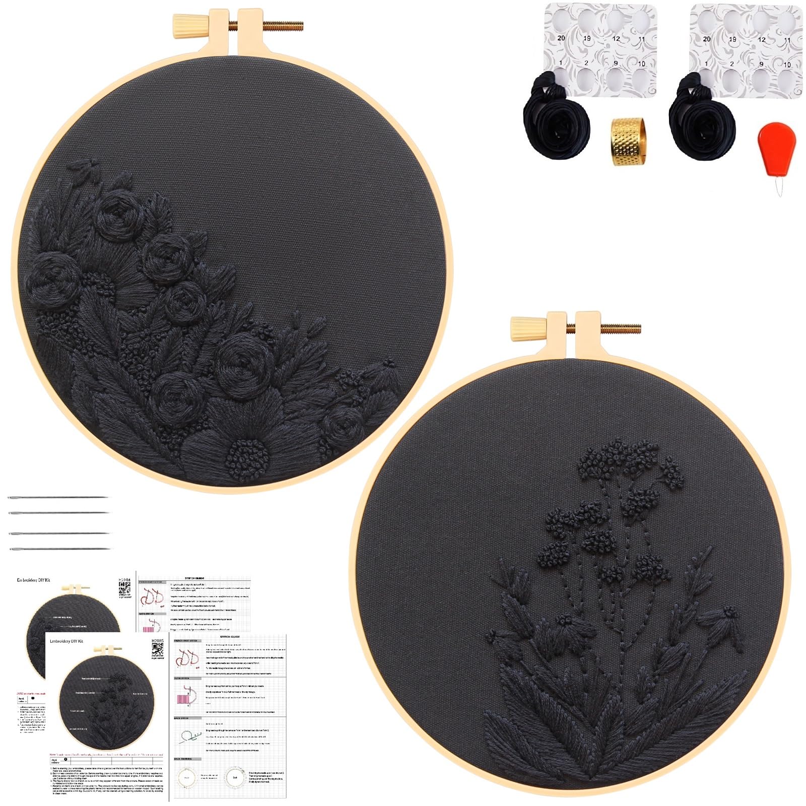 Armindou Black Flowers Embroidery Kits for Beginners Adults, Floral Hand Embroidery Set Needlepoint DIY Kit, Stamped Cross Stitch Kits for Beginners Adult, 2 Embroidery Hoops (Attached Video Tutorial)