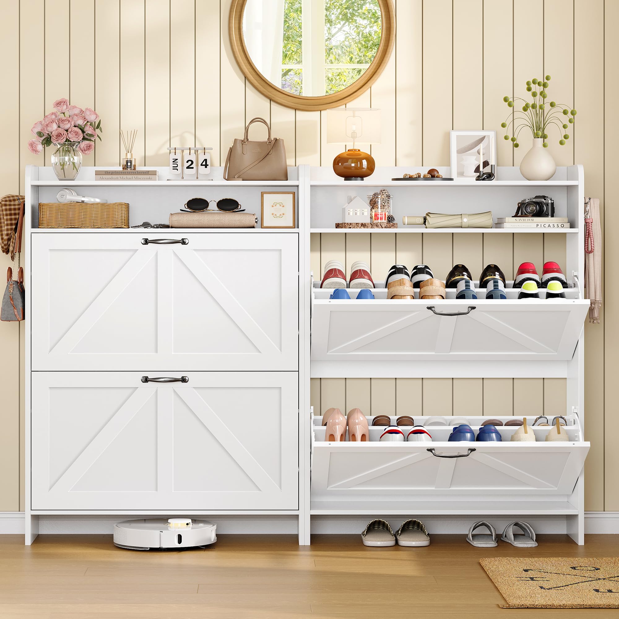 Zapatero Recibidor 24cm, Mueble Zapatero con 2 Cajones y Estantes Ajustables, para 16-20 Pares de Zapatos,Zapatero Estrecho Ideal para Entrada, Salón, Pasillo,24 x 76 x 112 cm, Blanco