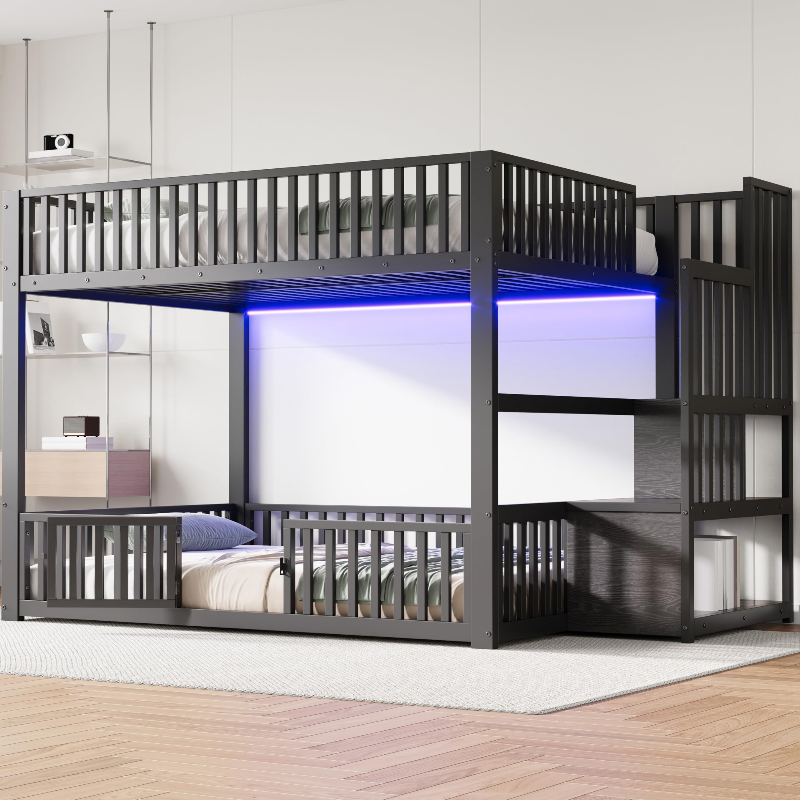 Litera de 140 x 200 cm con escalera de almacenamiento, con LED (negro, 140 x 200 cm)