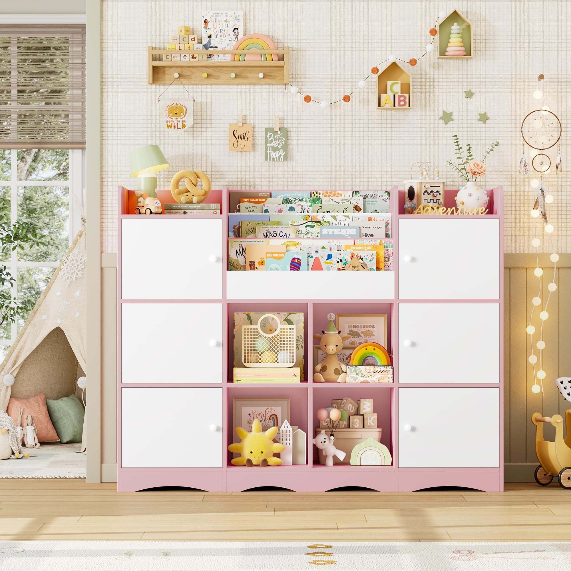 FOREHILL Organizer Giocattoli, Porta Giochi Bambini a 6 Scomparti con Ante, Mobile Porta Giochi a 4 Vani Portaoggetti Aperti, con Portariviste, per Cameretta e Sala Giochi, 140x30x106 cm (Rosa)