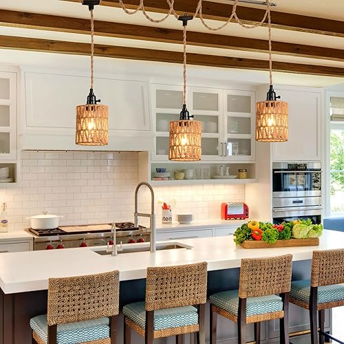 Miniatura 6 de Lámpara colgante de 3 luces con cable enchufable, lámpara colgante de cuerda de cáñamo de 22 pies, iluminación colgante vintage de 3 luces para