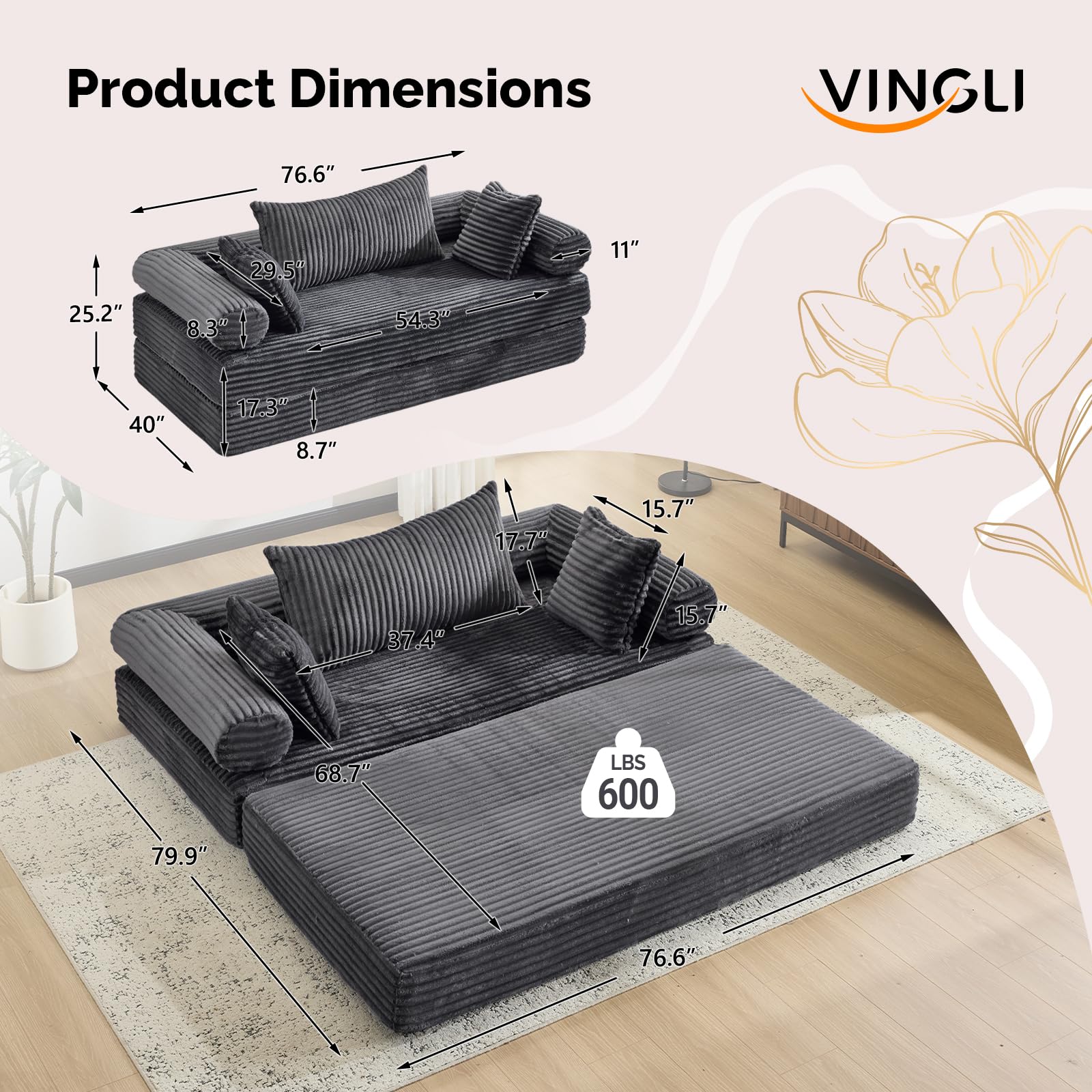 VINGLI Convertible Futon Sofa Bed, Upholstered Corduroy Boneless Couch King Size Floor Loveseat Sleeper Sofa with 2-in-1 Throw Pillow & Blanket Couches for Living Room, Bedroom, Lounge, Dark Gray