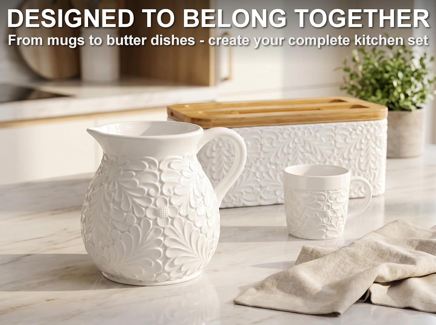 Ceramic Vase & Utensil Holder, 7.9-Inch Large Embossed Farmhouse Crock