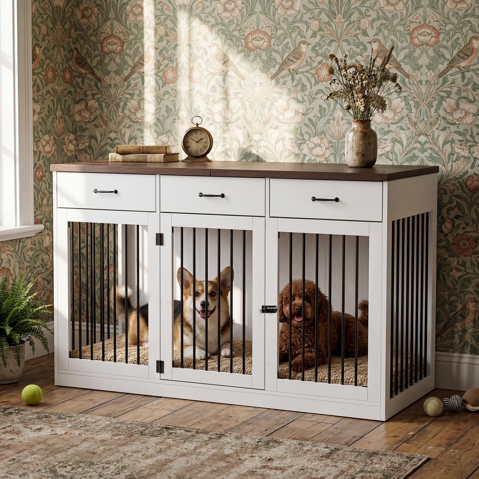 PIAOMTIEE 55.3" Extra Large Dog Crate Furniture, Indoor Heavy Duty Dog Kennel House with 3 Drawers, Modern Furniture Dog Crate Side End Table TV Stand