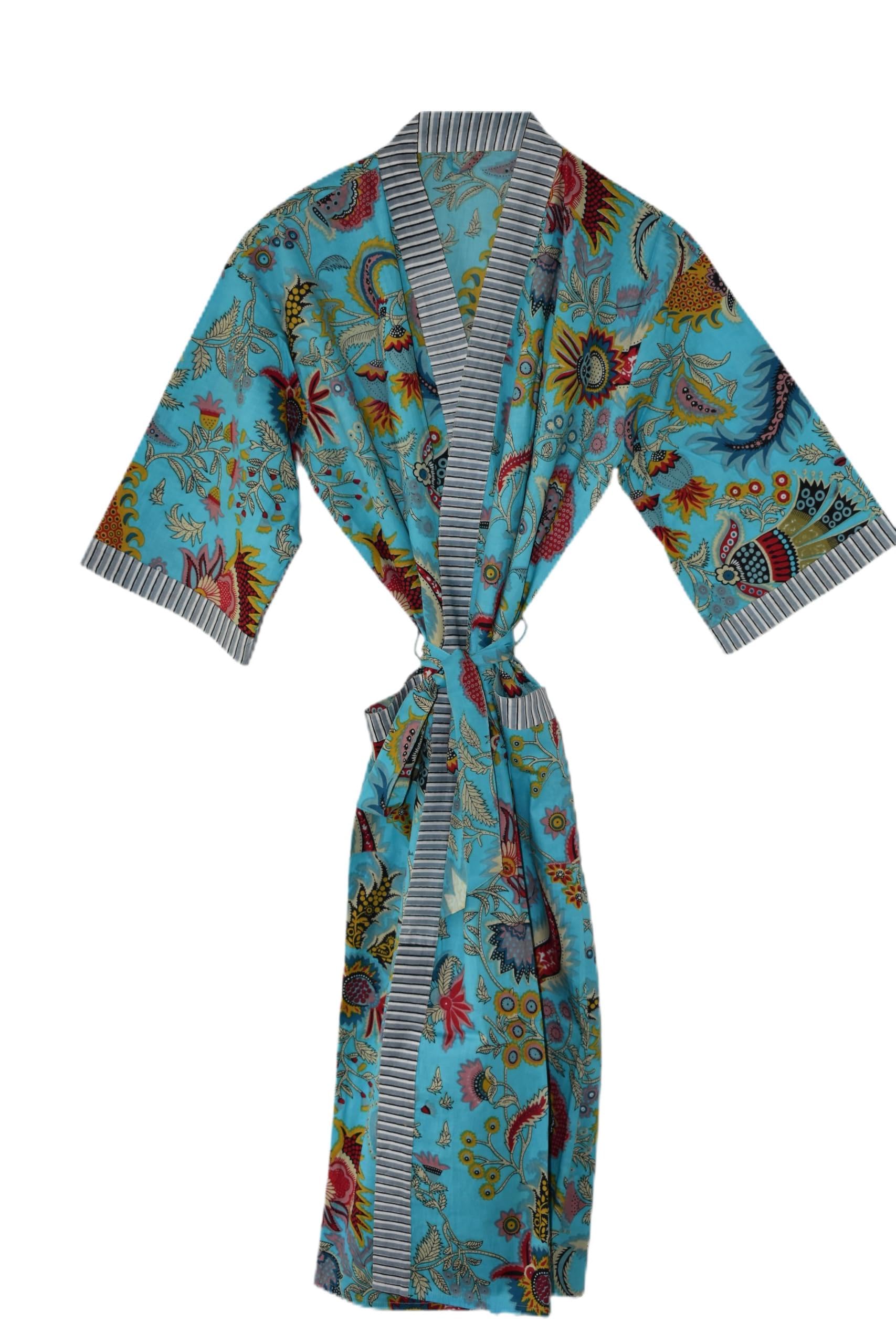 RAJBHOOMI HANDICRAFTS Kimono de algodón estampado de tela para hombres y mujeres, vestido de kimono de playa para cubrir traje de baño bata Cardigan Kimono vestidos, turquesa, XL-XXL