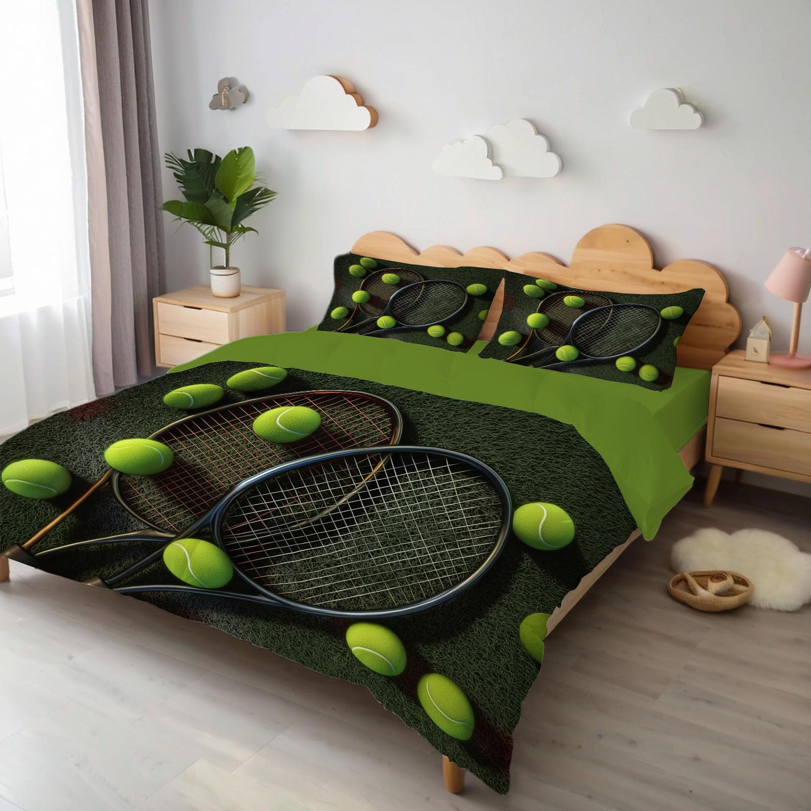 Housse de couette tennis 240x260 cm avec 2 taies d'oreiller en microfibre bleu