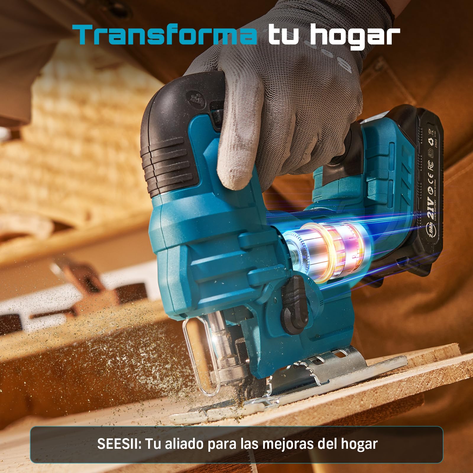 Seghetto Alternativo a Batteria Seesii 21V, Seghe da traforo Elettrico con 2 Batterie da 2.0 Ah, Velocità Variabile 2800 Giri/Minuto per Taglio Legno, Illuminazione LED, Tagli Obliqui 0°-45°