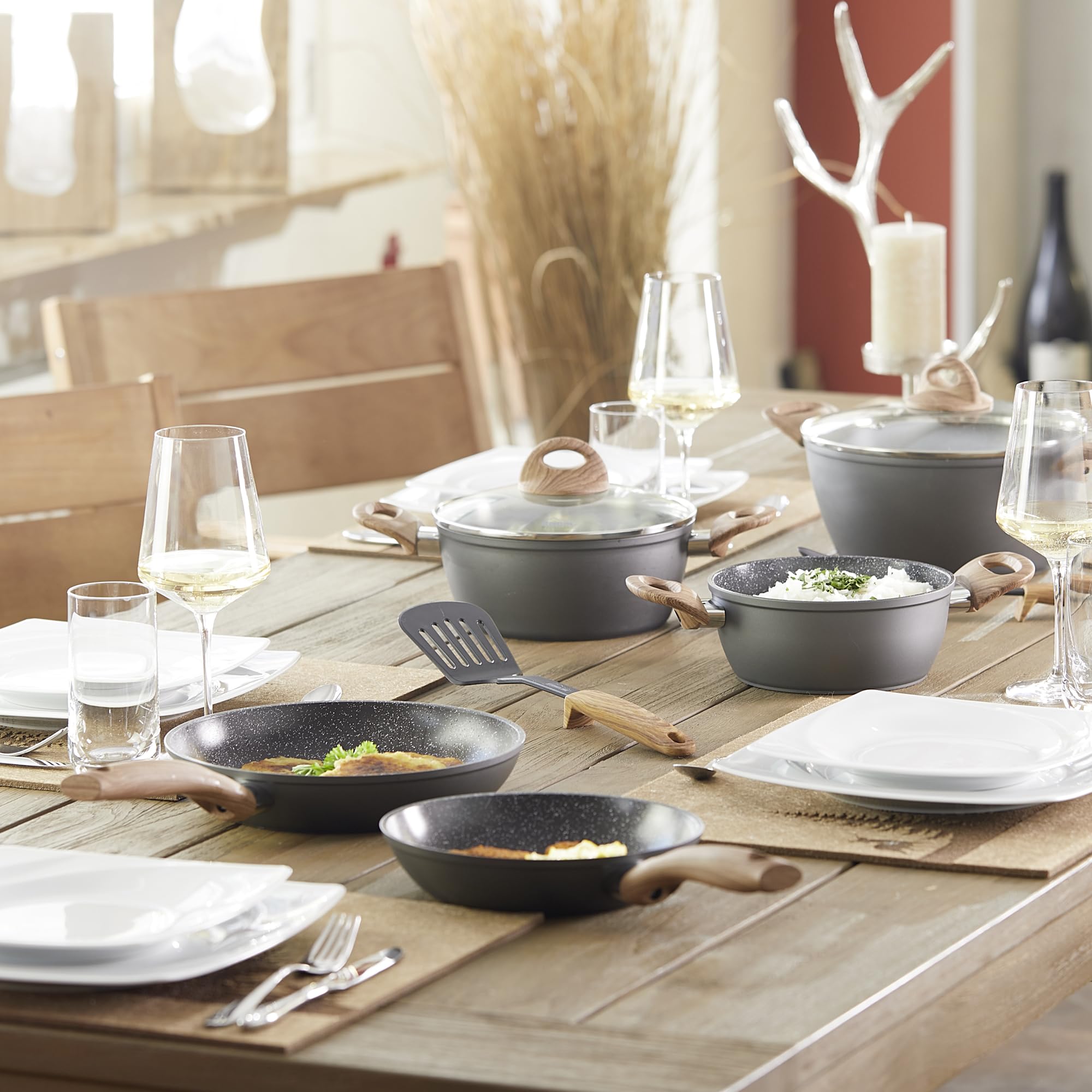 STONELINE Back To Nature Batterie de Cuisine Céramique, Set de 14 pcs, Poêles, Casseroles, Couvercles et Ustensiles de Cuisine, Revêtement Antiadhésif avec de Vraies Particules de Pierre, Motif Bois