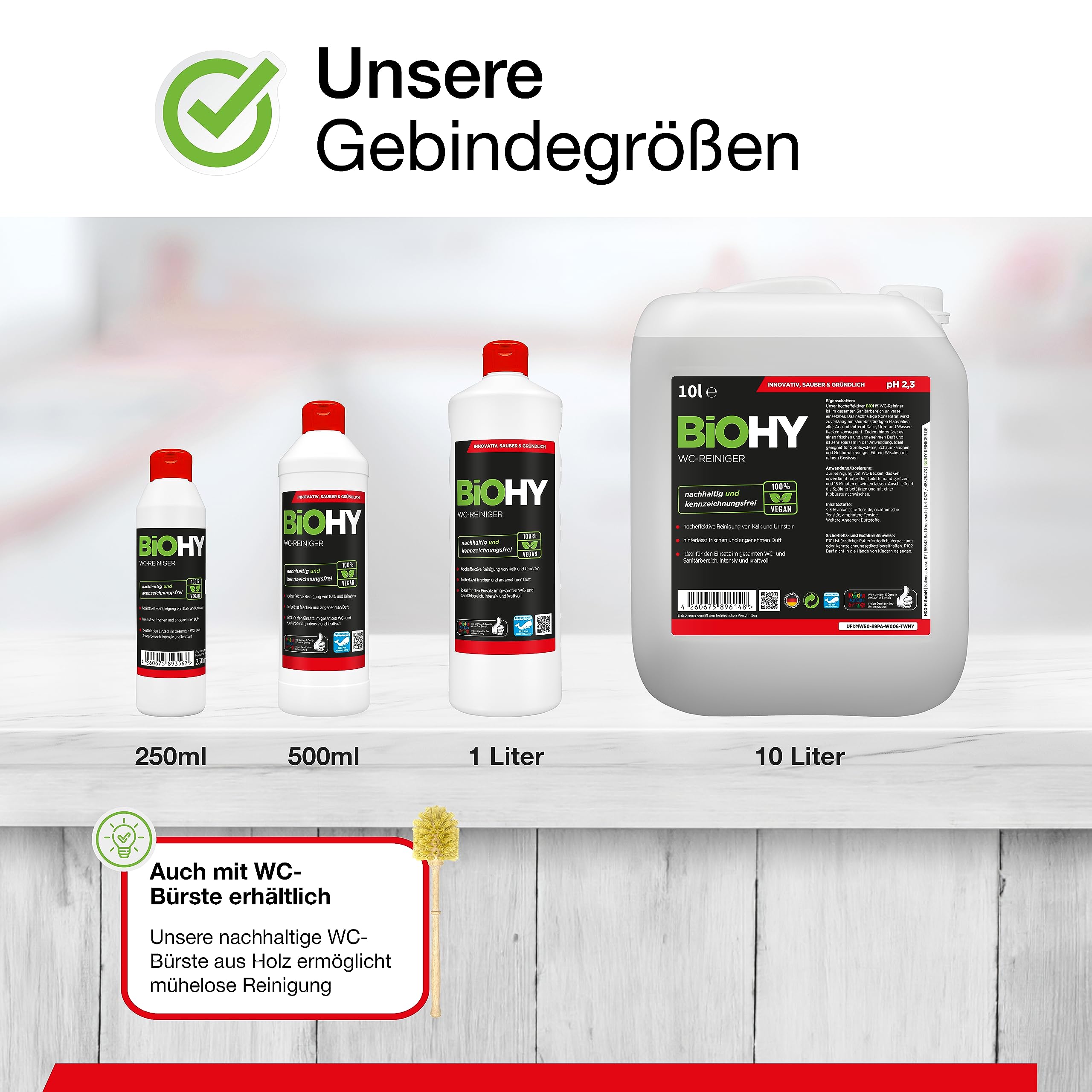 BiOHY Nettoyant WC (3 x 1l Bouteille) + Brosse de toilette | Gel nettoyant visqueux | Concentré | Idéal Contre Le tartre urinaire (WC-Reiniger)